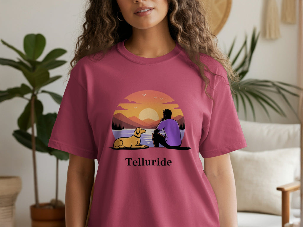 Telluride Womens T-Shirts Dog And Sunset Graphic T-Shirt