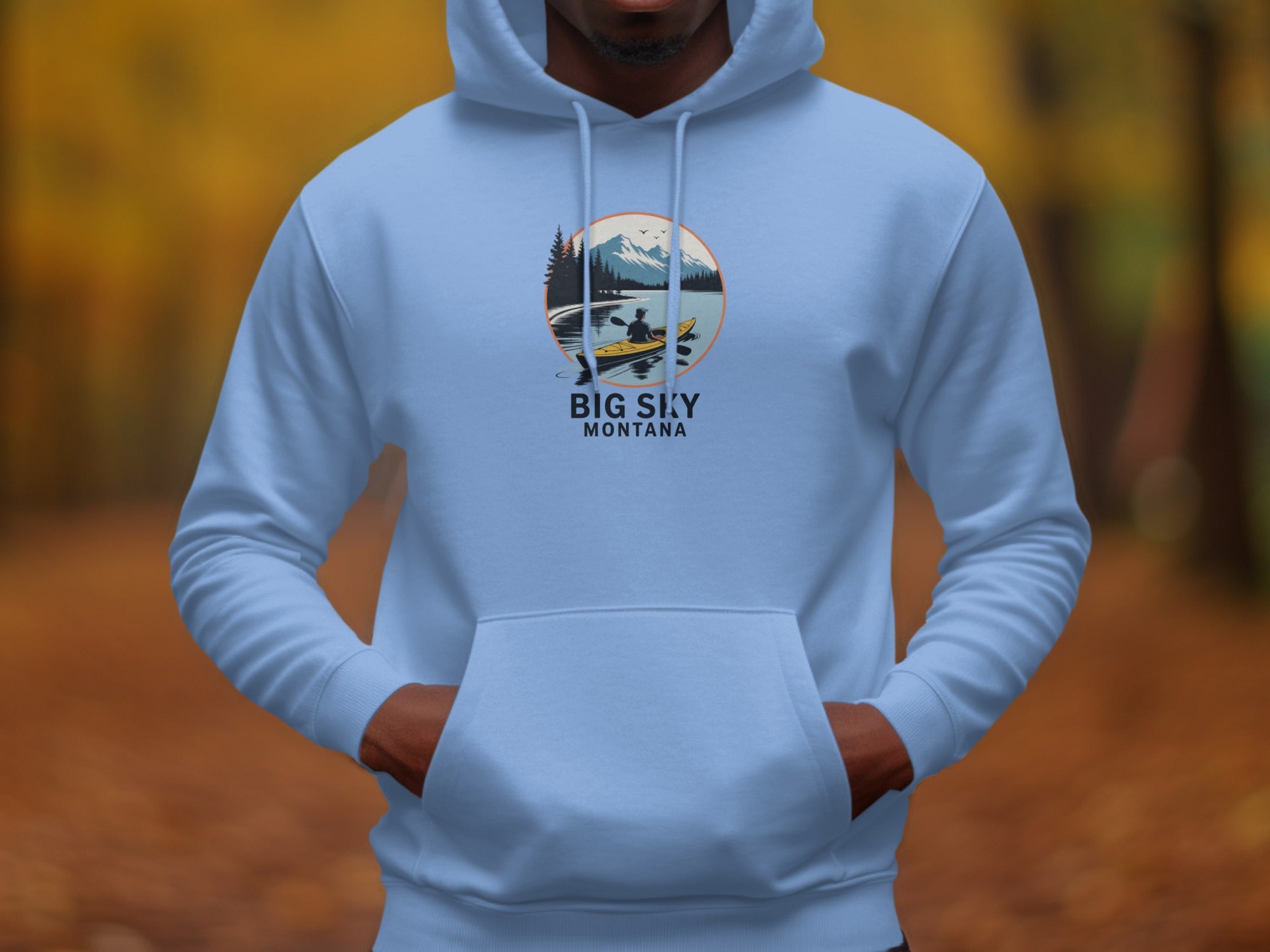 Big Sky Montana Hoodie with Kayak and Mountain Design