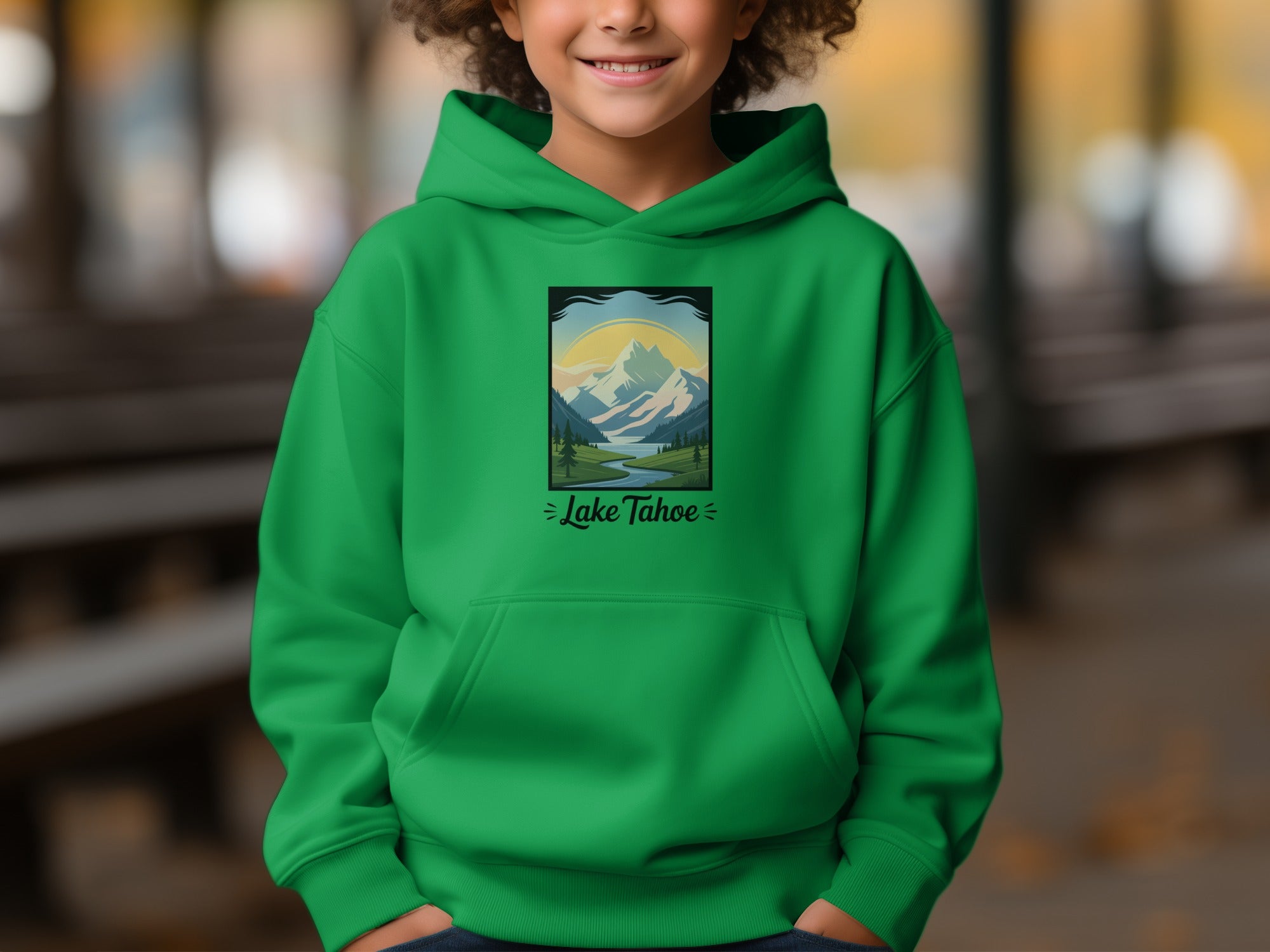 Lake Tahoe Green Hoodie with Mountain Graphic
