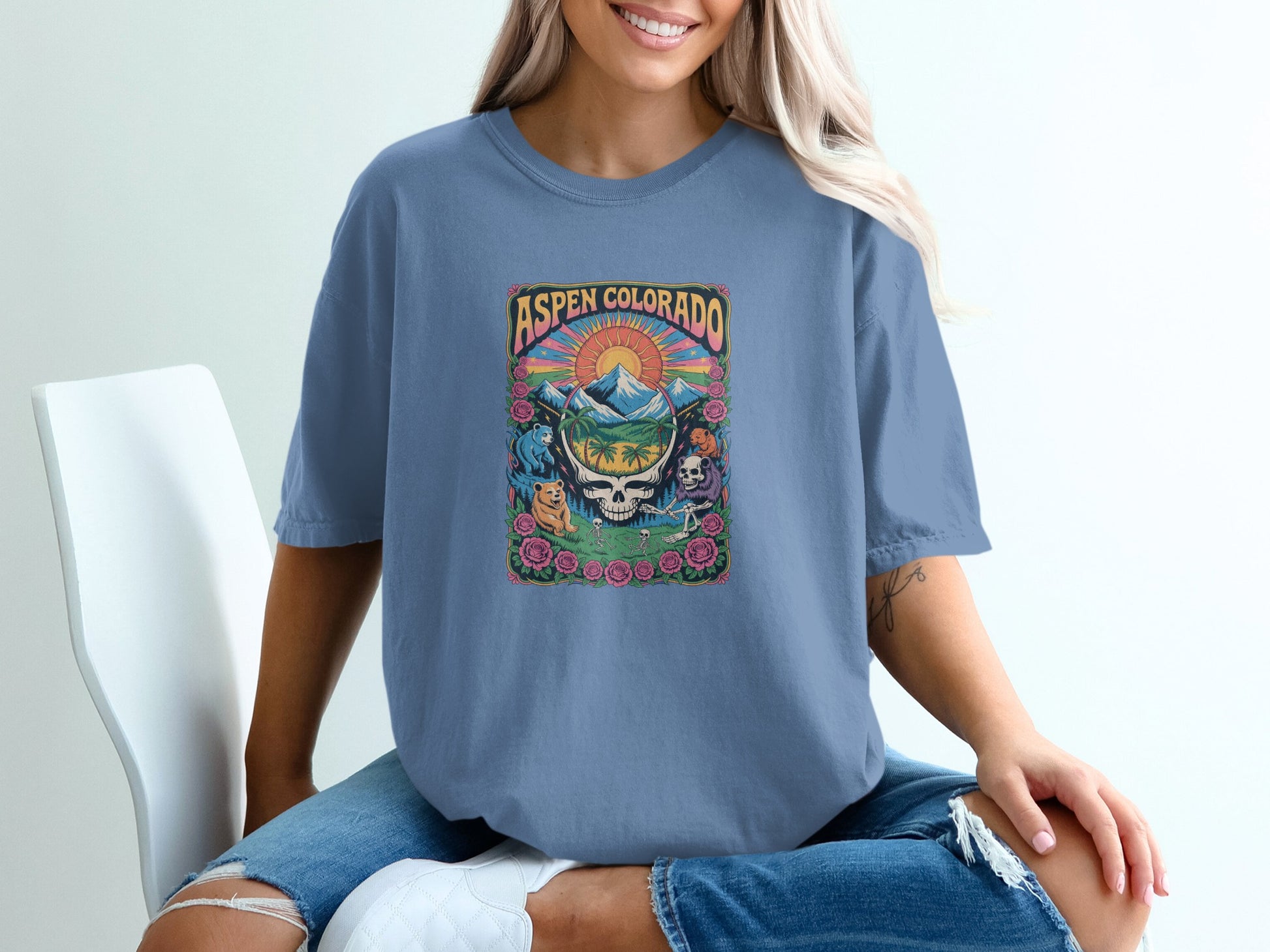 Aspen Colorado skull graphic blue t-shirt product