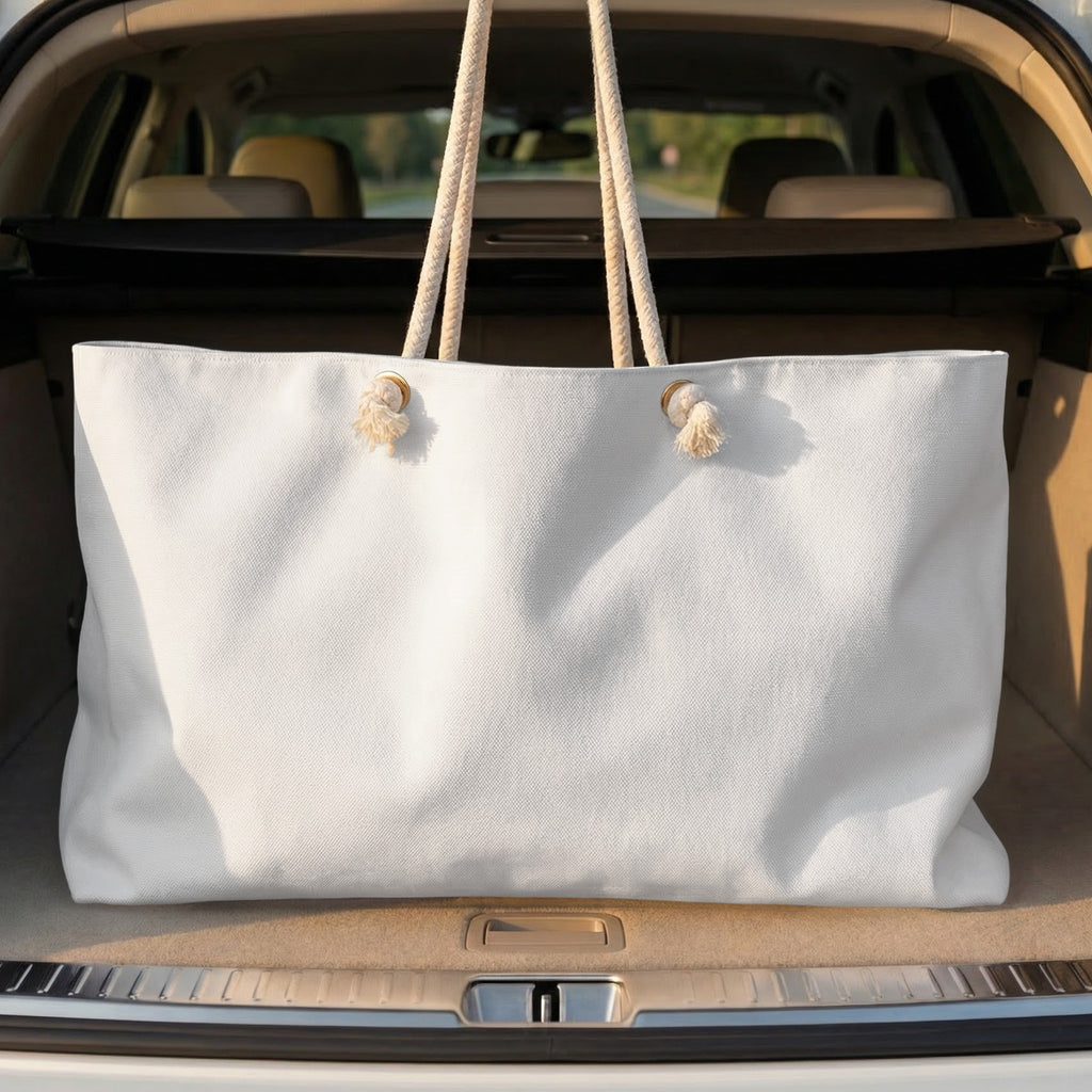 Large white canvas tote bag with rope handles in car trunk.