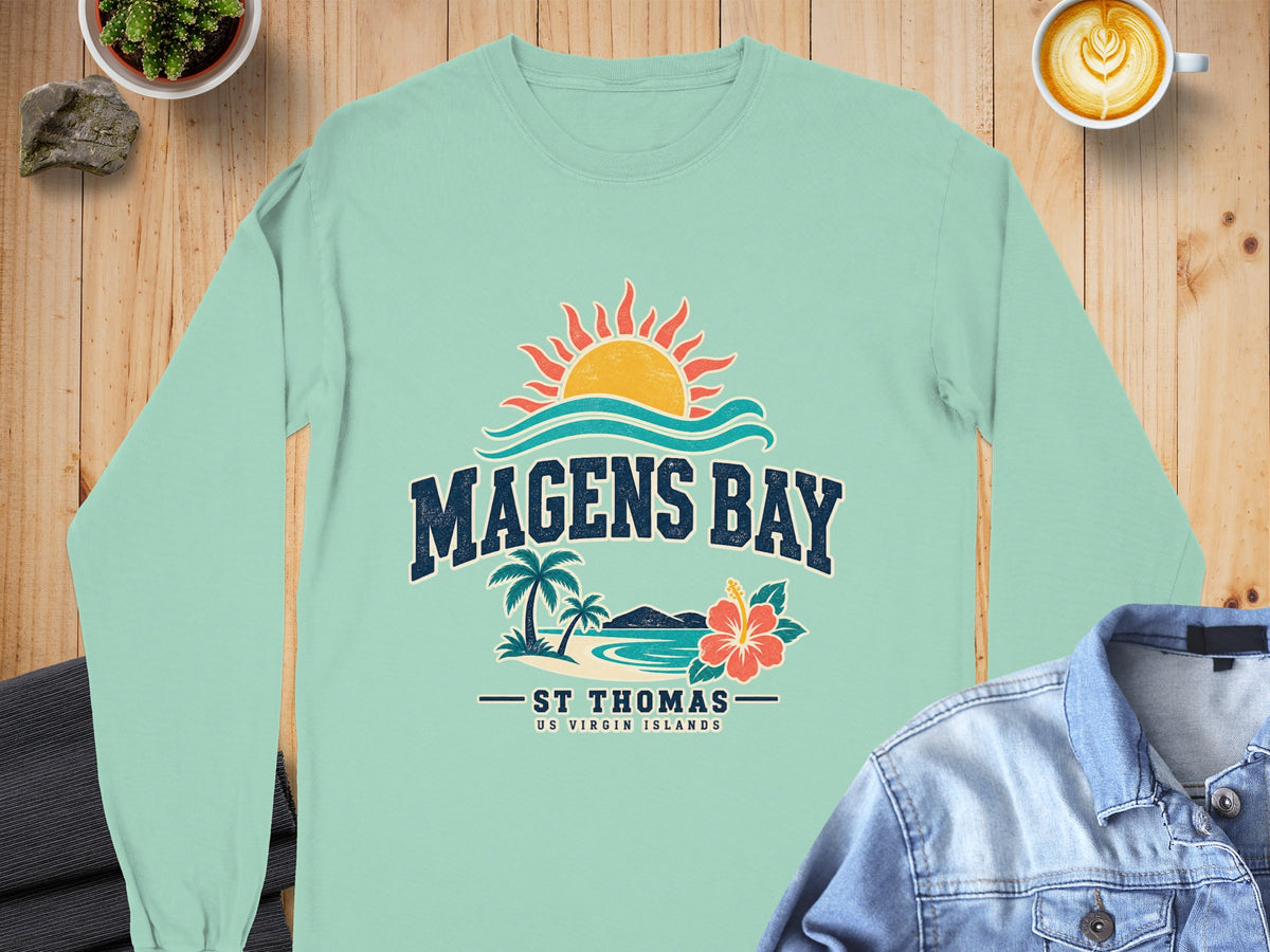 Mint long-sleeve shirt with Magens Bay St. Thomas graphic.