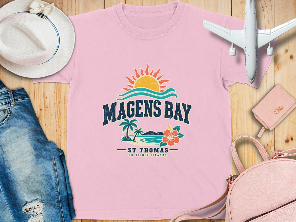 Pink t-shirt with "Magens Bay St Thomas US Virgin Islands" graphic.