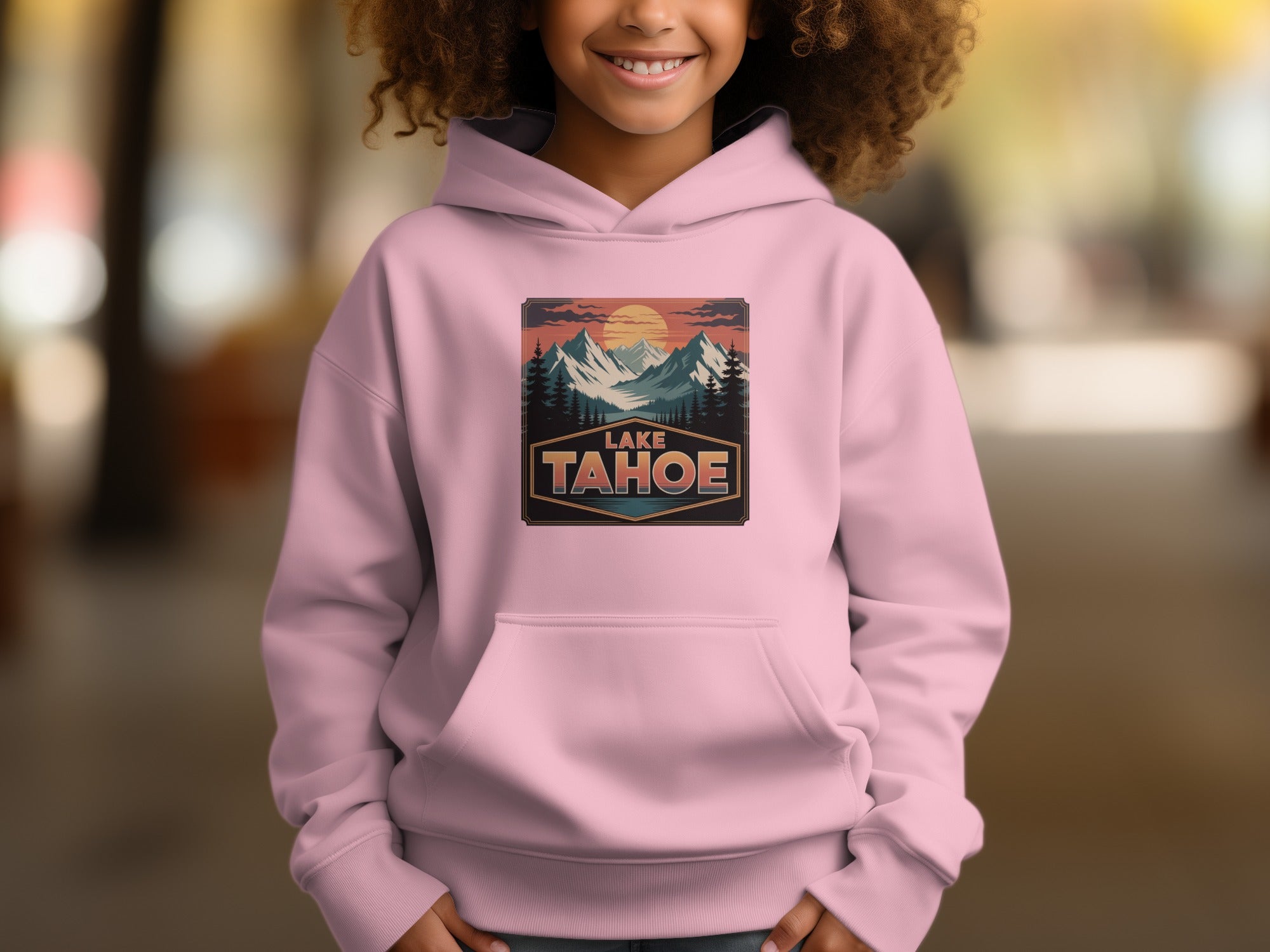 Kids Lake Tahoe Hoodie with Mountain and Sunset Design