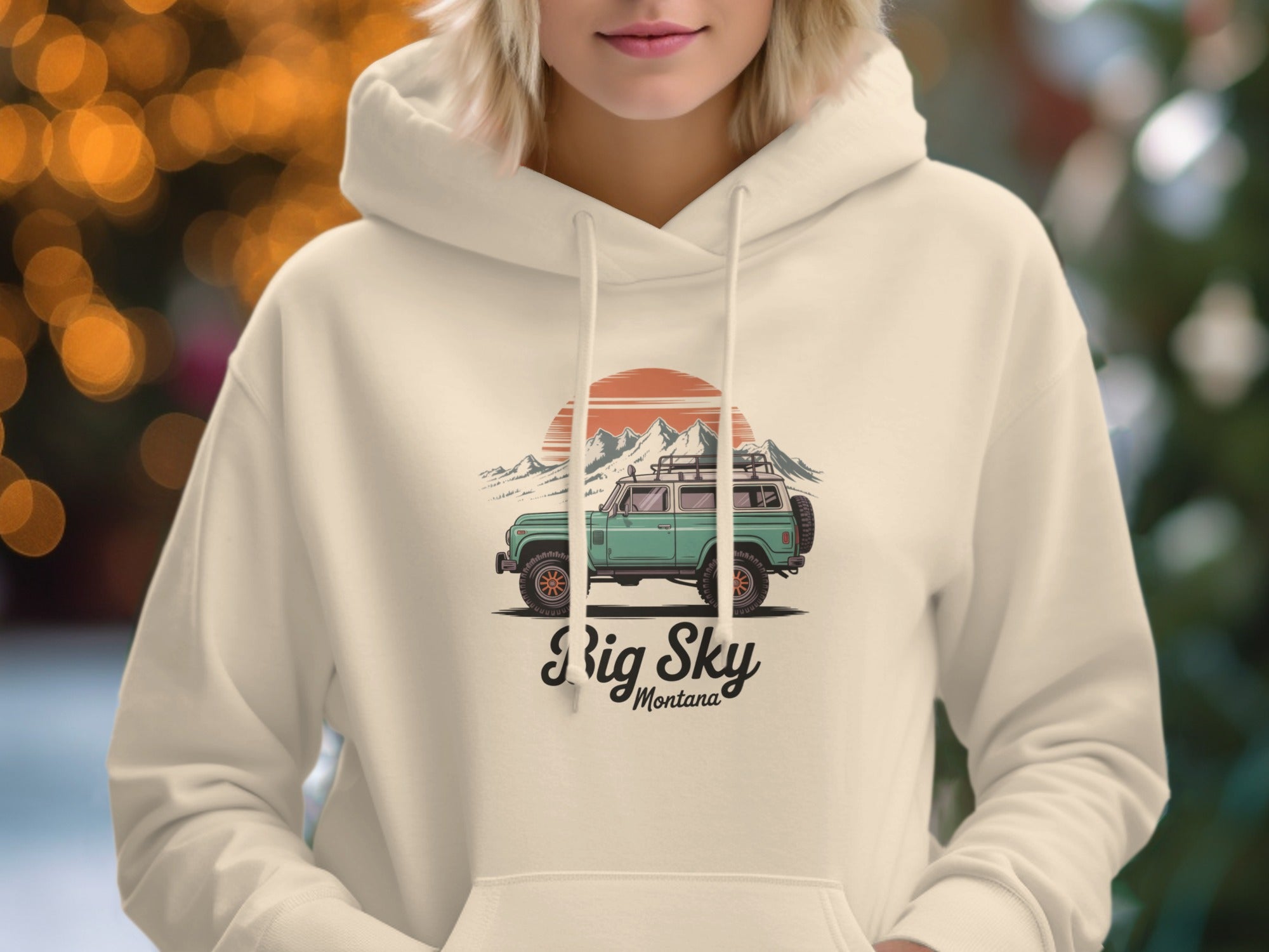Big Sky Montana Hoodie with Vintage Car and Mountains