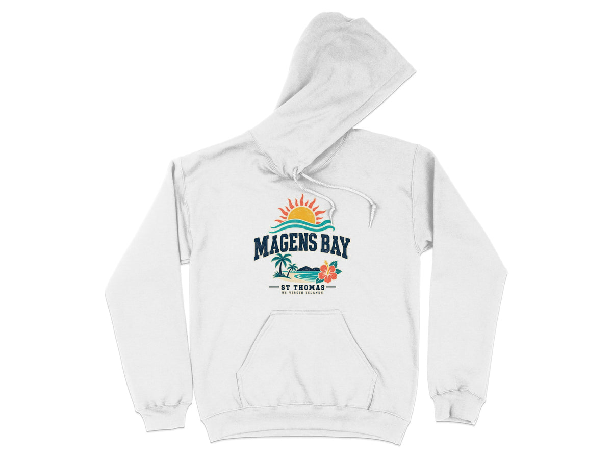 White hoodie with "Magens Bay St Thomas US Virgin Islands" graphic.