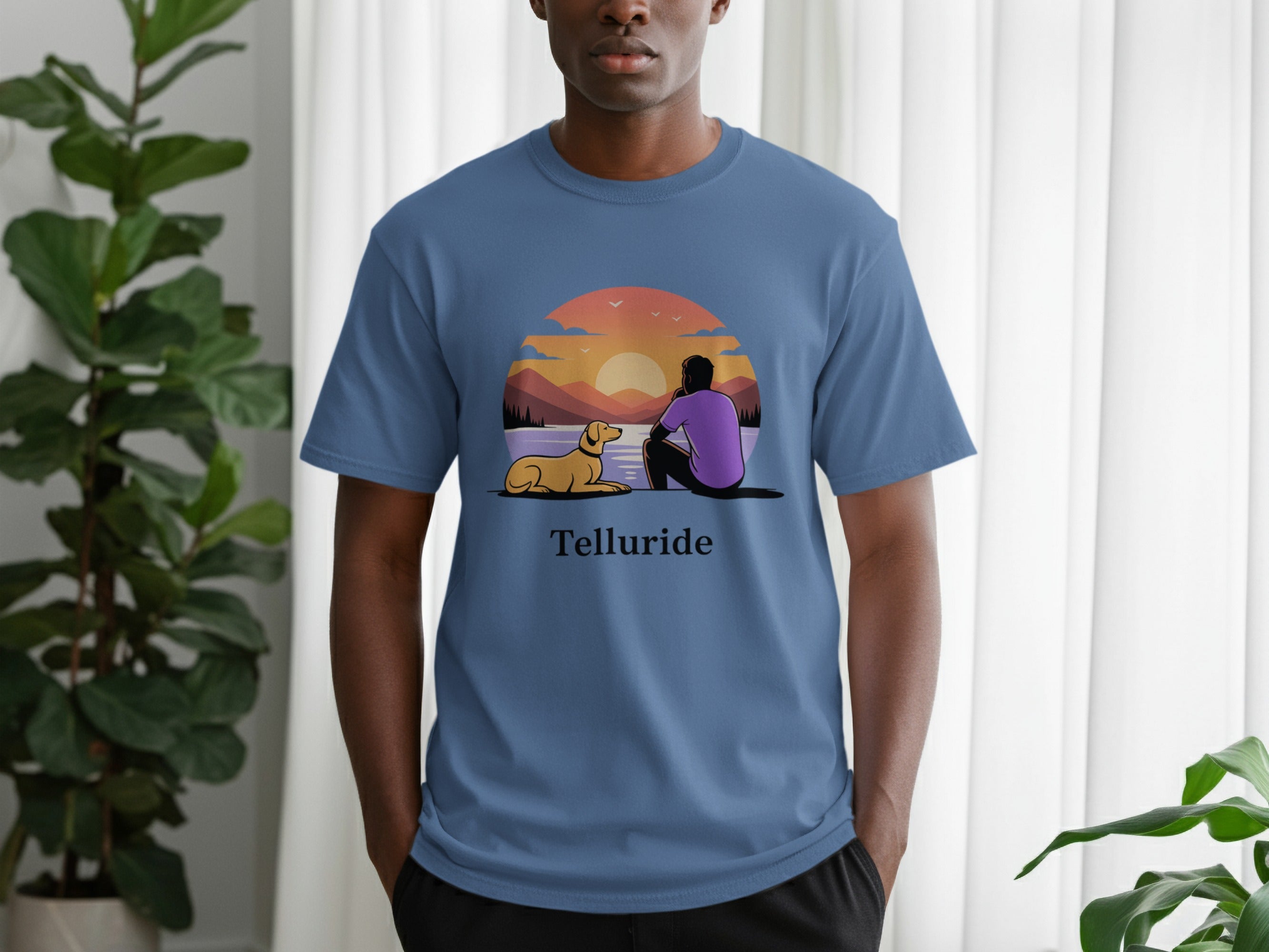 Sunset Scene with Dog and Person Telluride Shirt