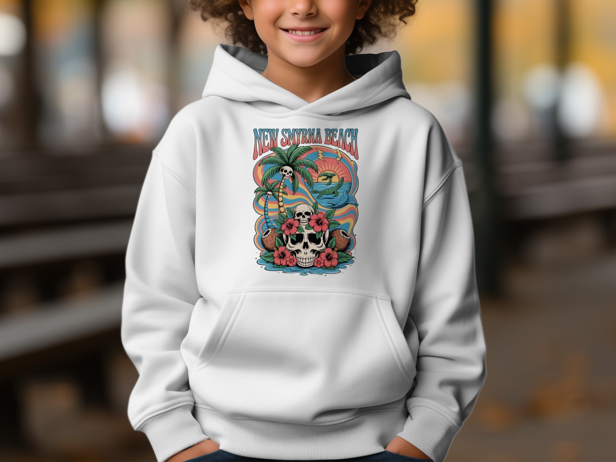 New Smyrna Beach Skull and Surf Kids Hoodie product
