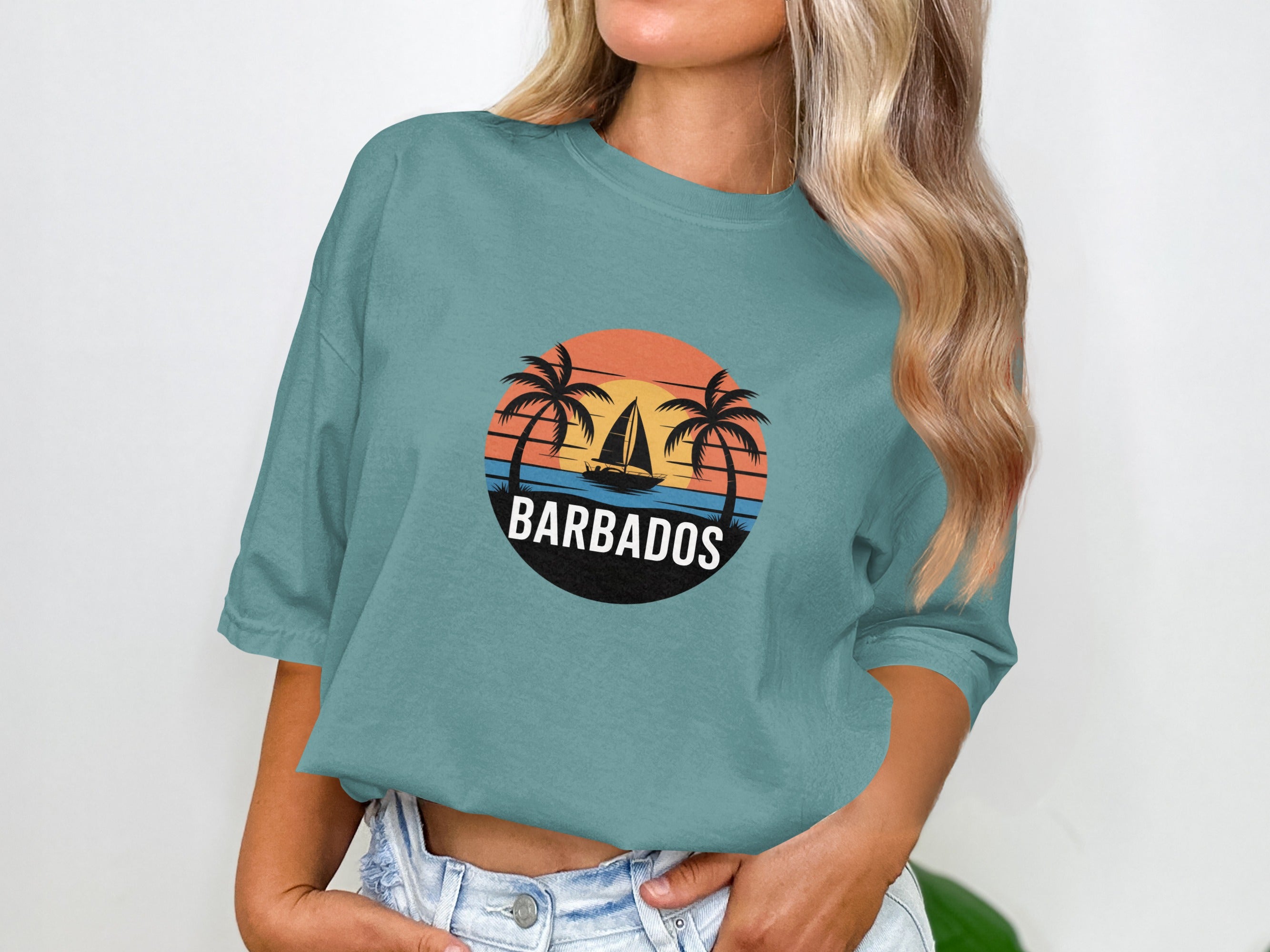 Barbados Print Tropical Trees and Sailboat T-shirt product type