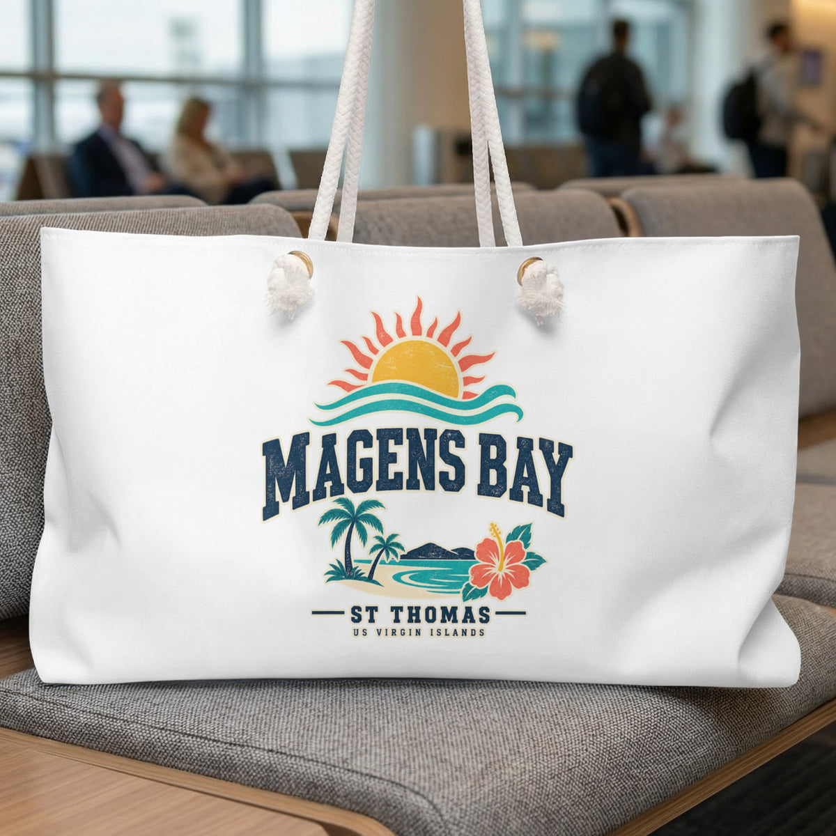 White beach bag with Magens Bay St. Thomas US Virgin Islands graphic design.