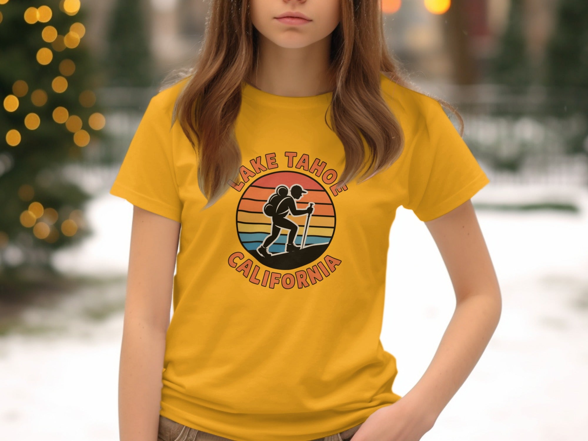 Lake Tahoe California Shirt with Hiking Sunset Design