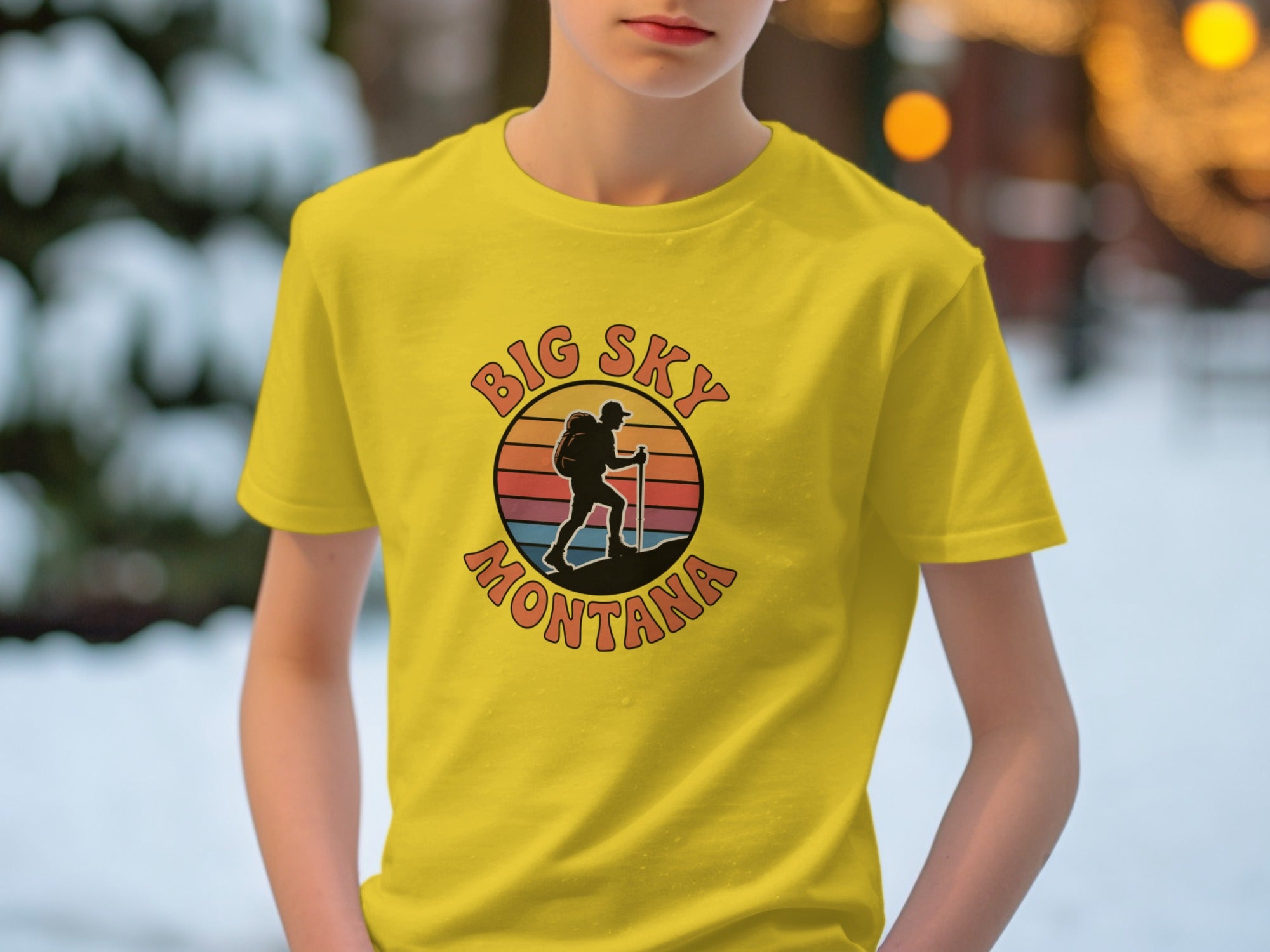 Big Sky Montana Retro Hiker Design on Yellow T-shirt