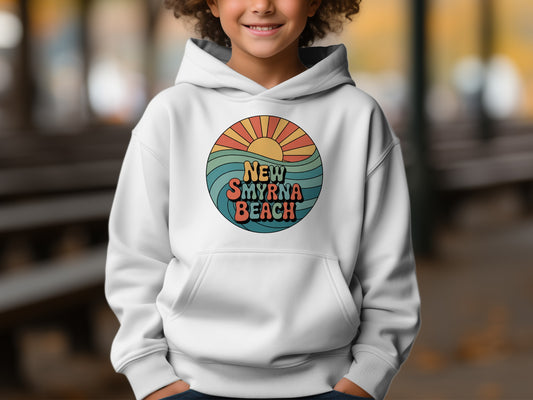 New Smyrna Beach Sunset Hoodie with Retro Design product type