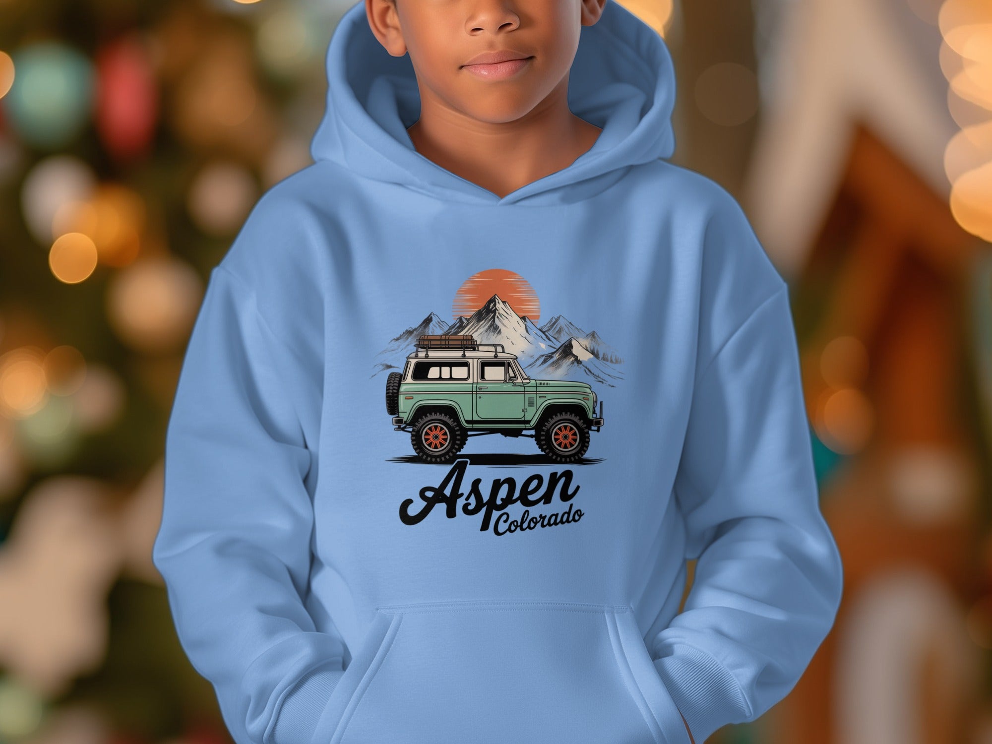 Aspen Colorado Hoodie with Mountain and Car Design
