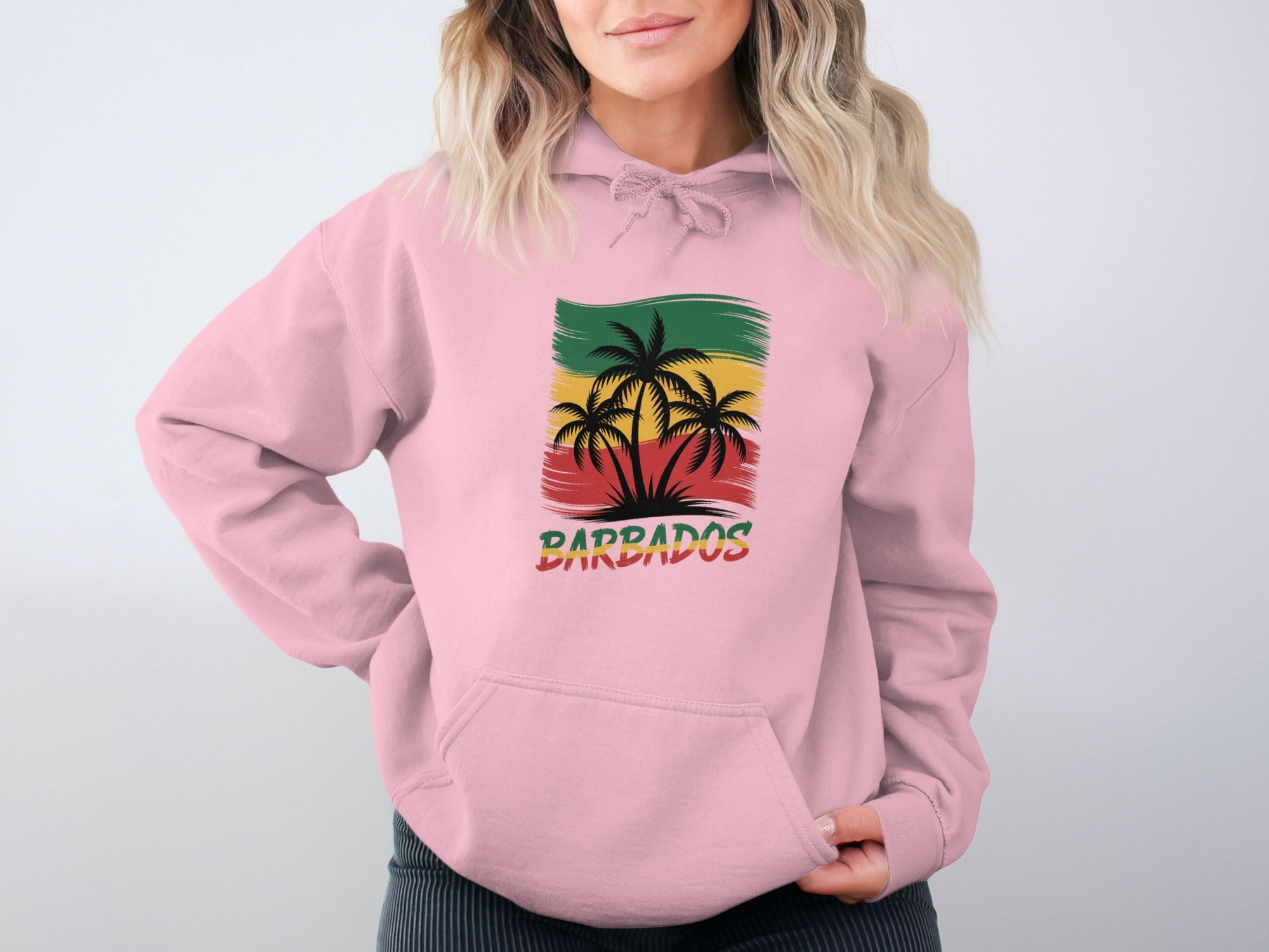 Stylish Pink Barbados Hoodie with Colorful Palm Tree Design Hoodie