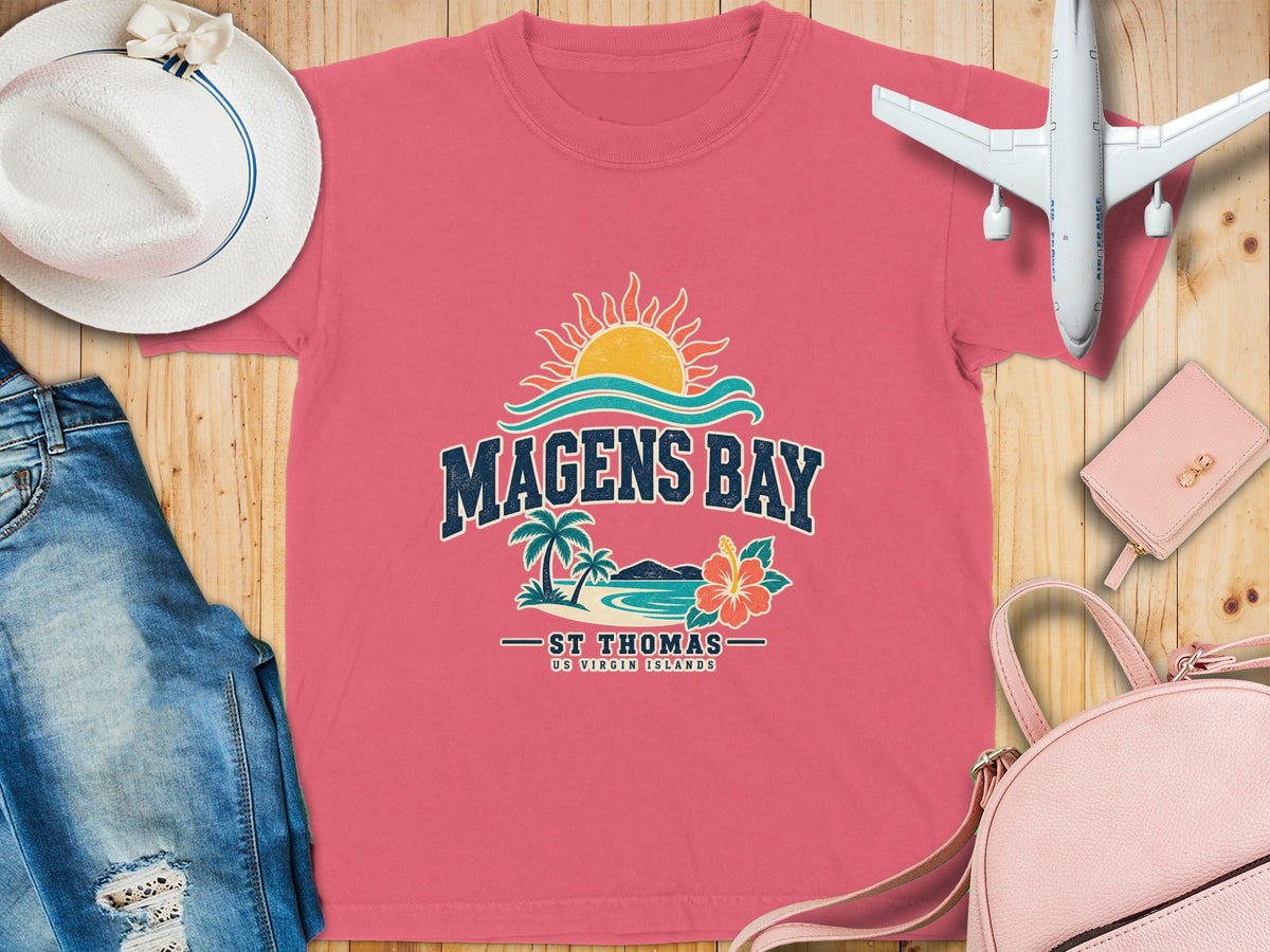 Pink t-shirt with "Magens Bay St. Thomas US Virgin Islands" text and tropical graphic.