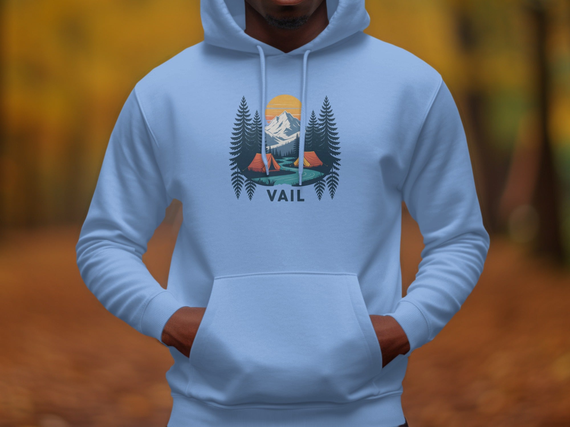 Vail Mountain Campsite Graphic on Light Blue Hoodie product
