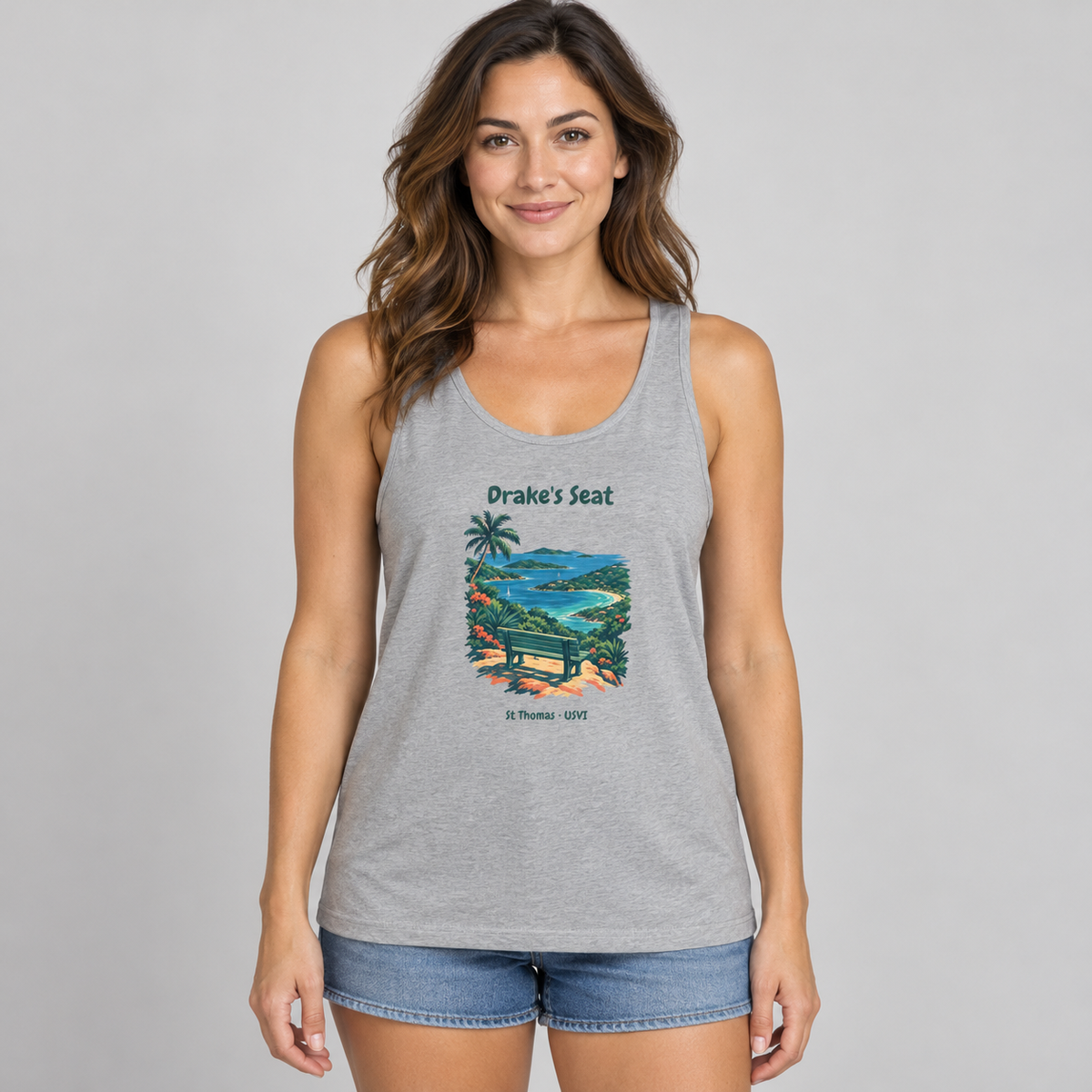 Female-model mockup of an Athletic Heather Bella+Canvas 3480 tank with Drake's Seat bay and bench artwork.