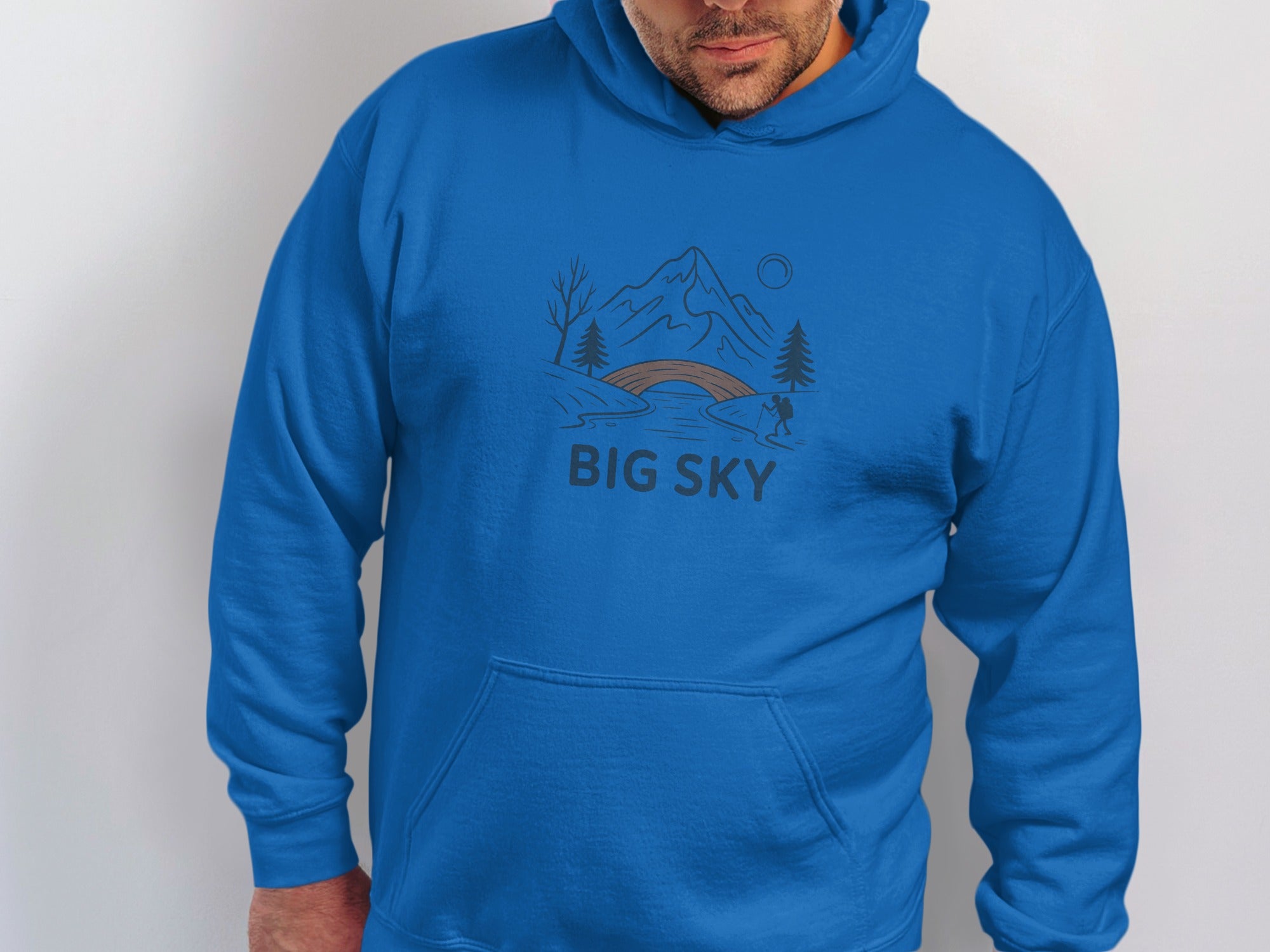 Big Sky Blue Hoodie with Mountain and River Design