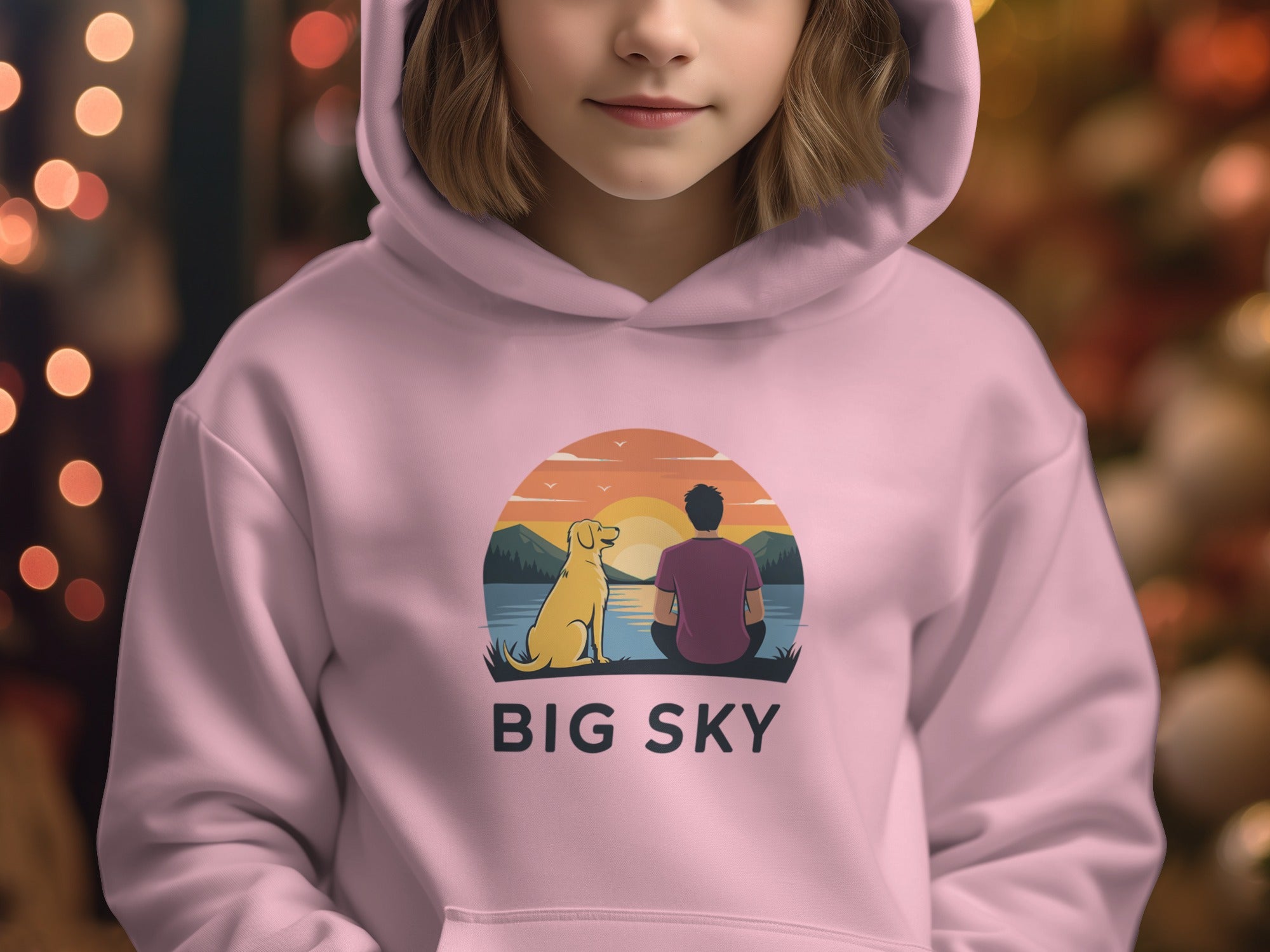 Big Sky Hoodie With Man and Dog Sitting at Sunset