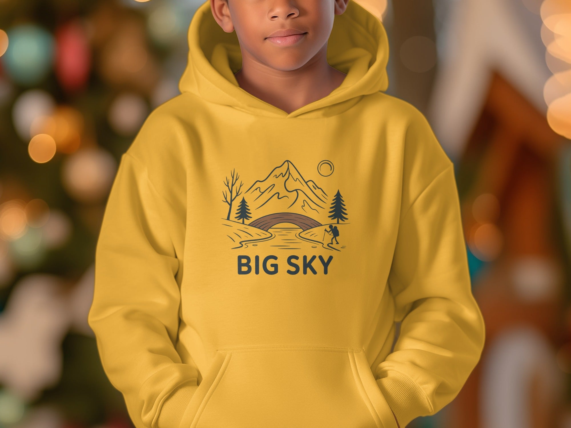 Big Sky Graphic Yellow Hoodie perfect for outdoor lovers