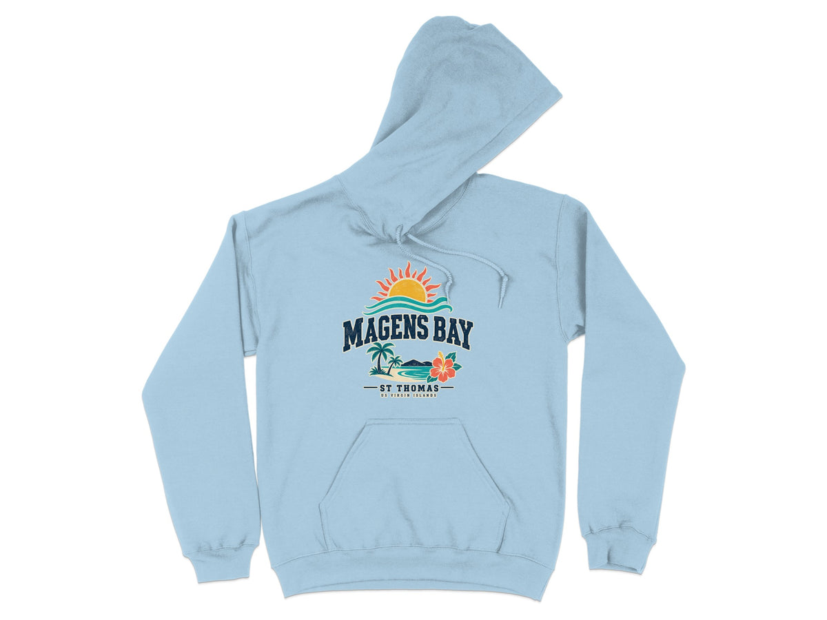 Light blue hoodie with Magens Bay St. Thomas US Virgin Islands graphic.