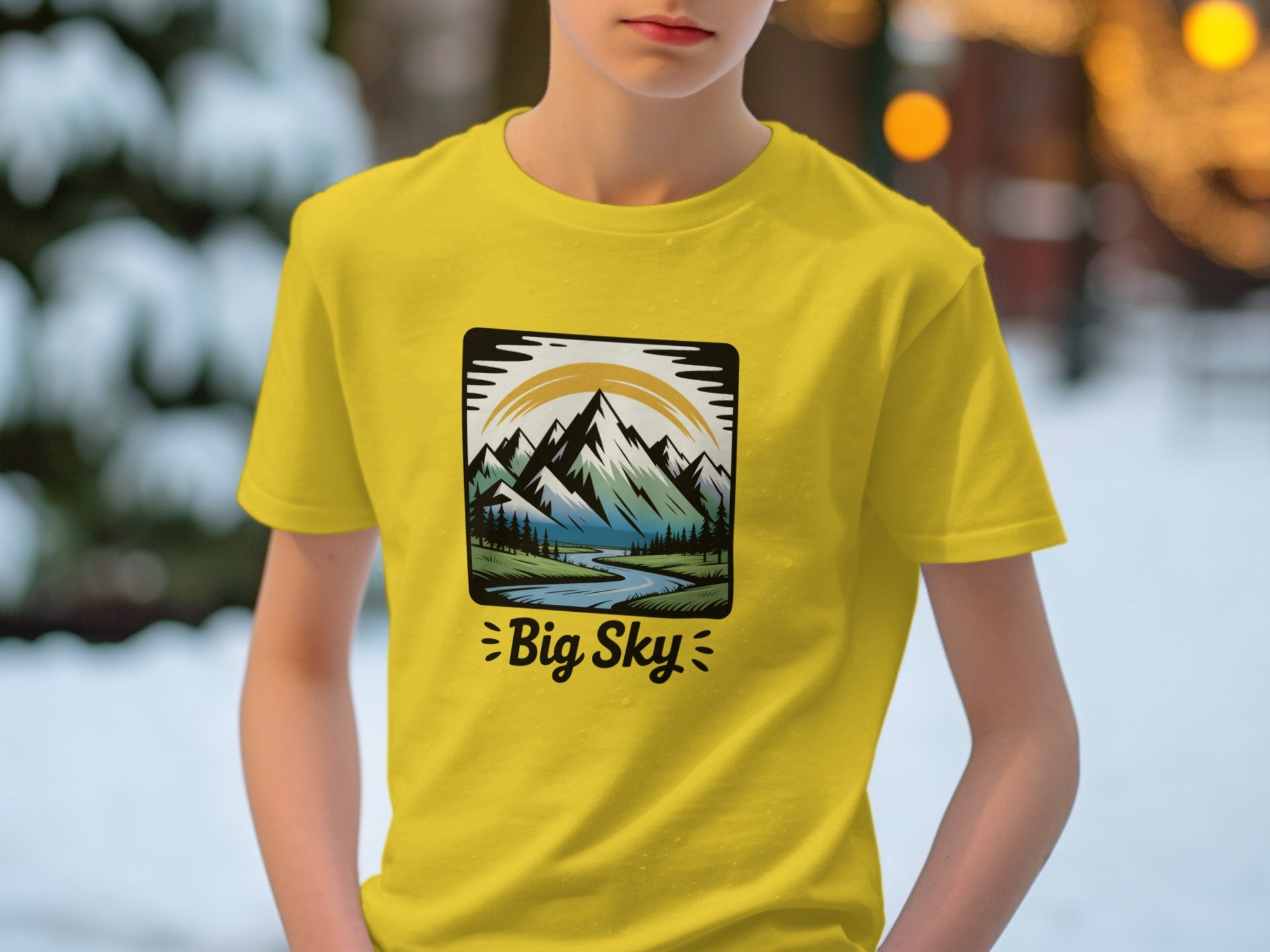 Big Sky Mountain Graphic Design on Yellow Shirt