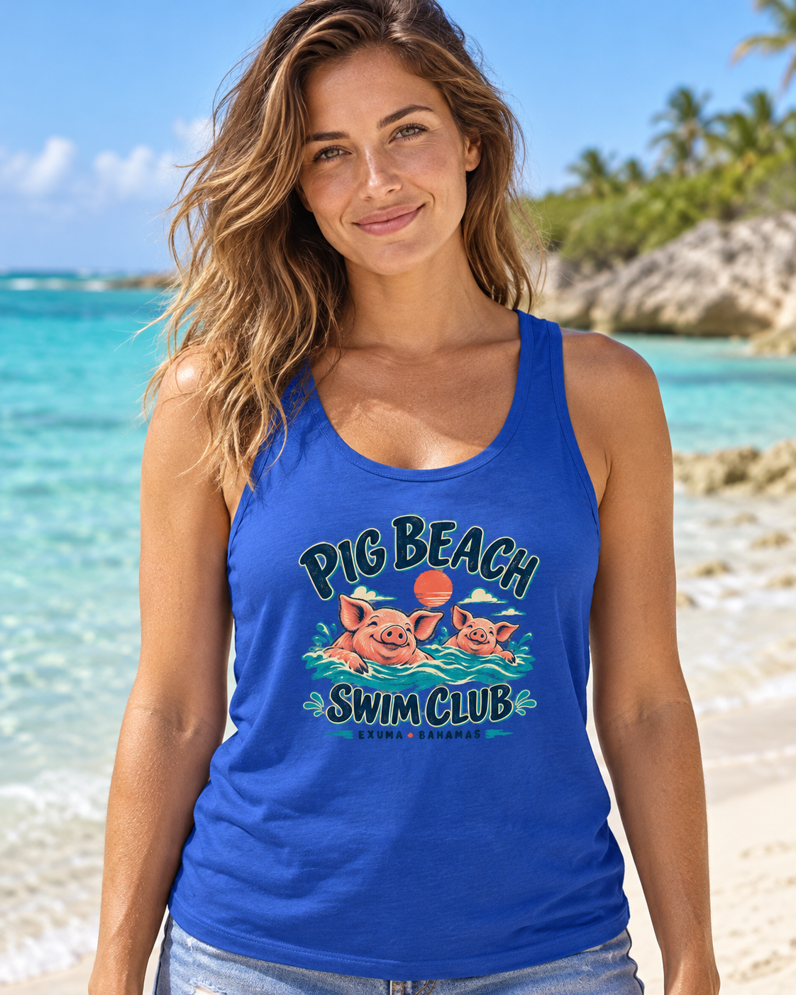 AI-generated illustrative lifestyle mockup of an adult female model wearing a True Royal Pig Beach Swim Club Exuma Bahamas tank beside a tropical coast.