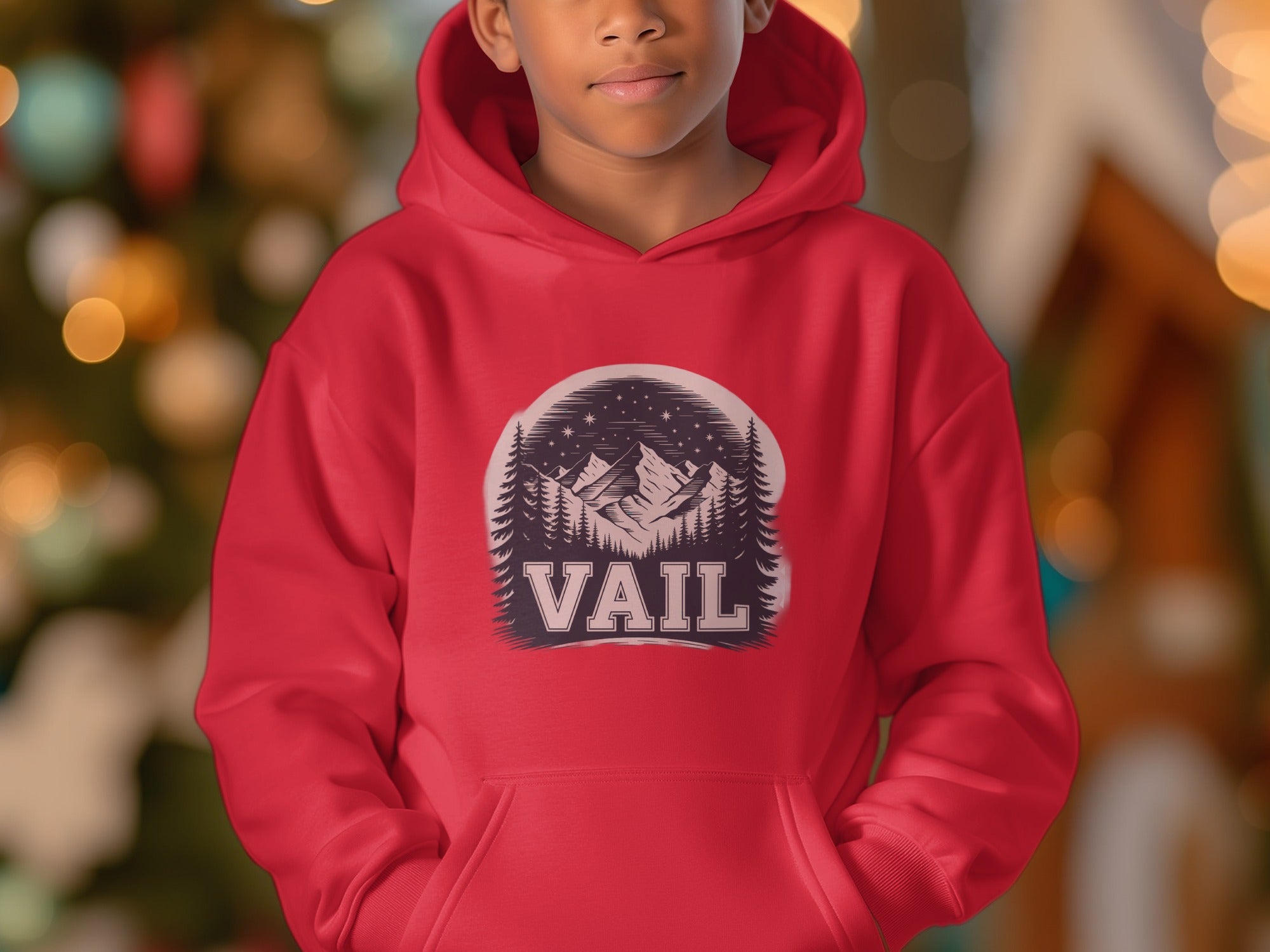 Vail Graphic Red Hoodie with Mountain Scene Design