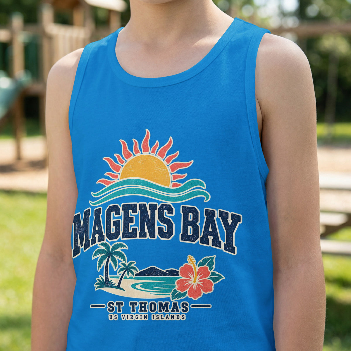 Blue tank top with Magens Bay St Thomas US Virgin Islands graphic.