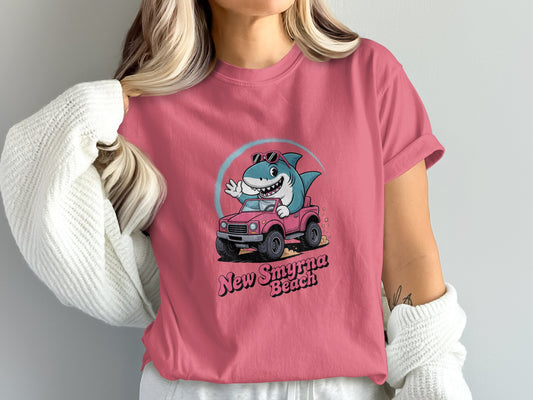 New Smyrna Beach Shark Driving Pink Cartoon T-Shirt product