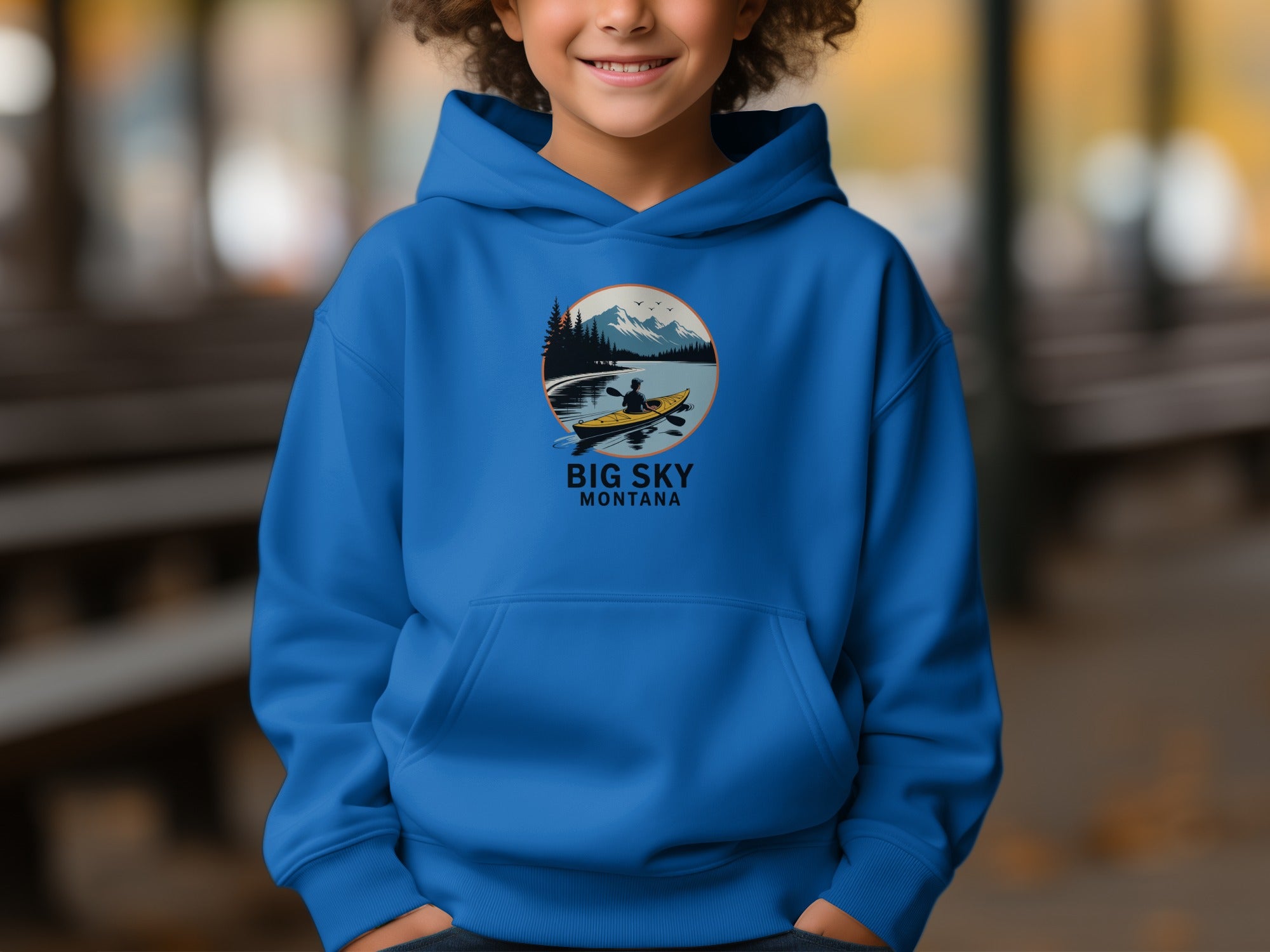Big Sky Montana Hoodie with Kayaker and Mountain Design