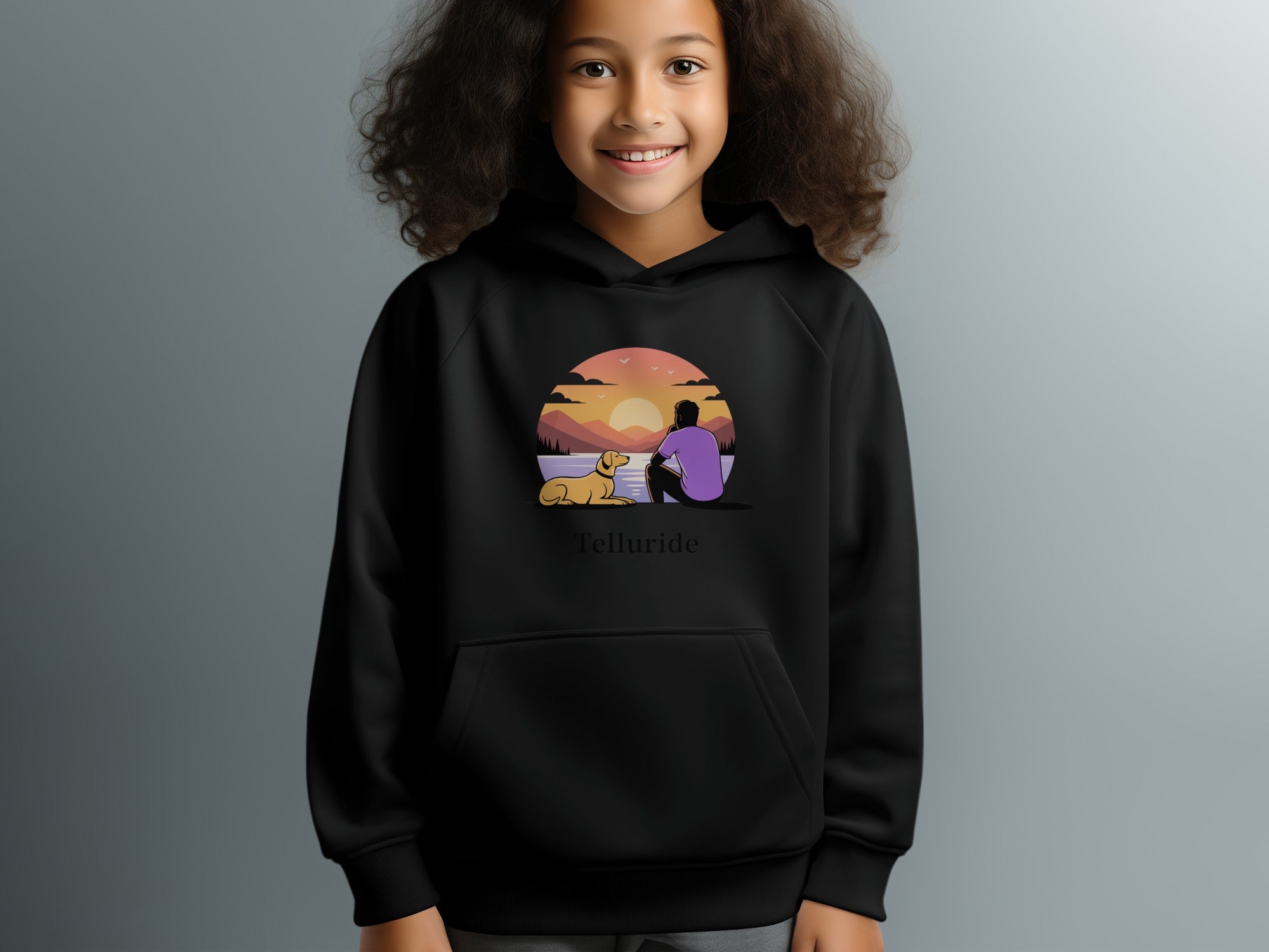 Telluride Sunset Hoodie with Cute Dog and Child Graphic