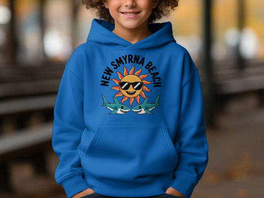 New Smyrna Beach Blue Hoodie with Sun and Sharks product type
