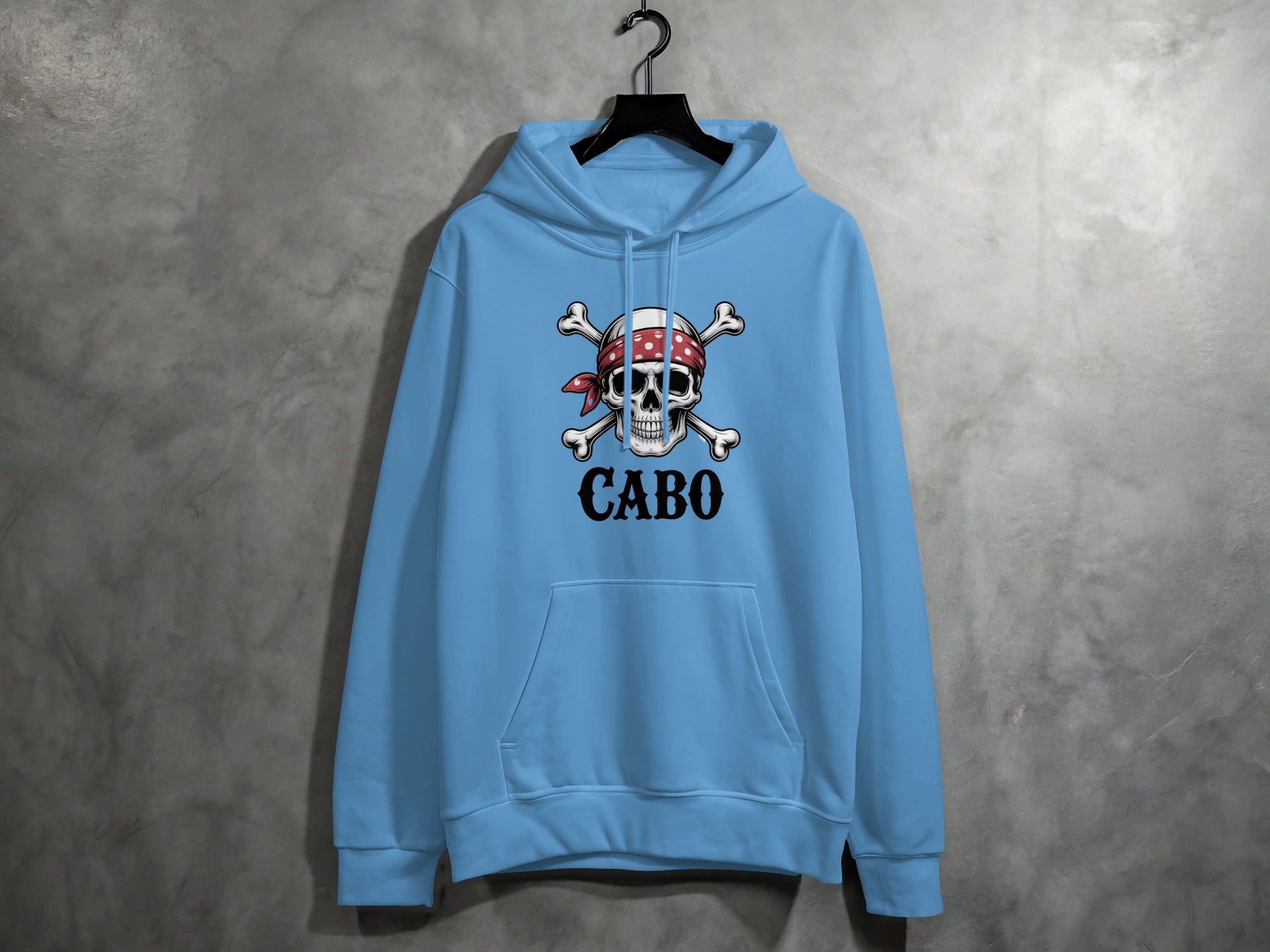 Blue Hoodie with Skull and Bandana Print product