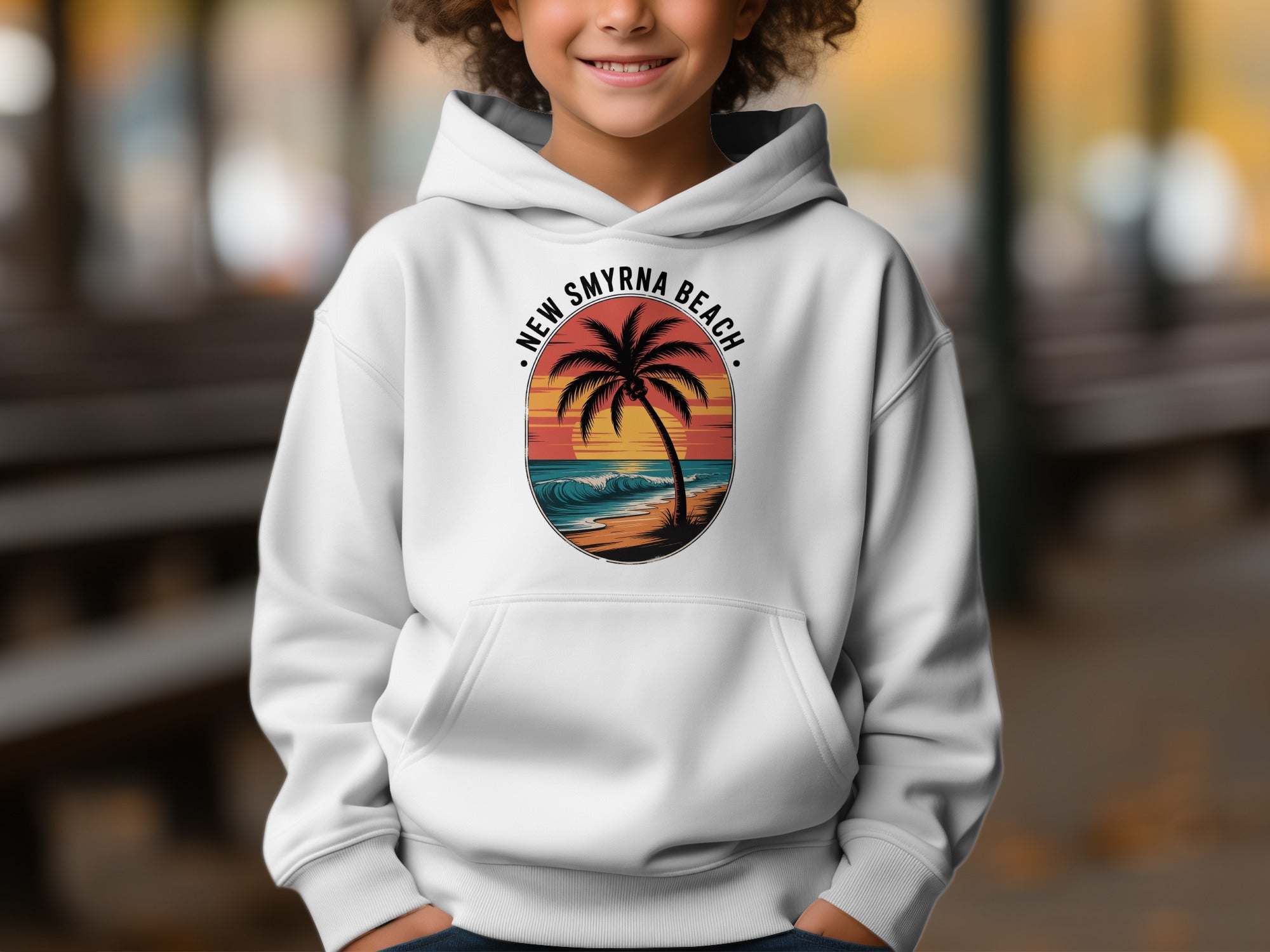 New Smyrna Beach Hoodie with Palm Tree Print product type