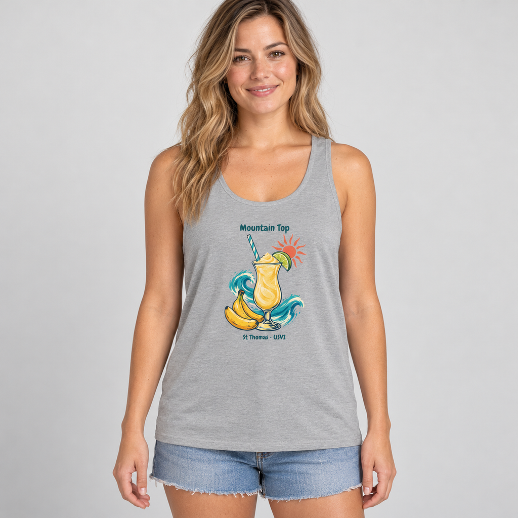 Female-model mockup of an Athletic Heather Bella+Canvas 3480 tank with Mountain Top banana daiquiri artwork.