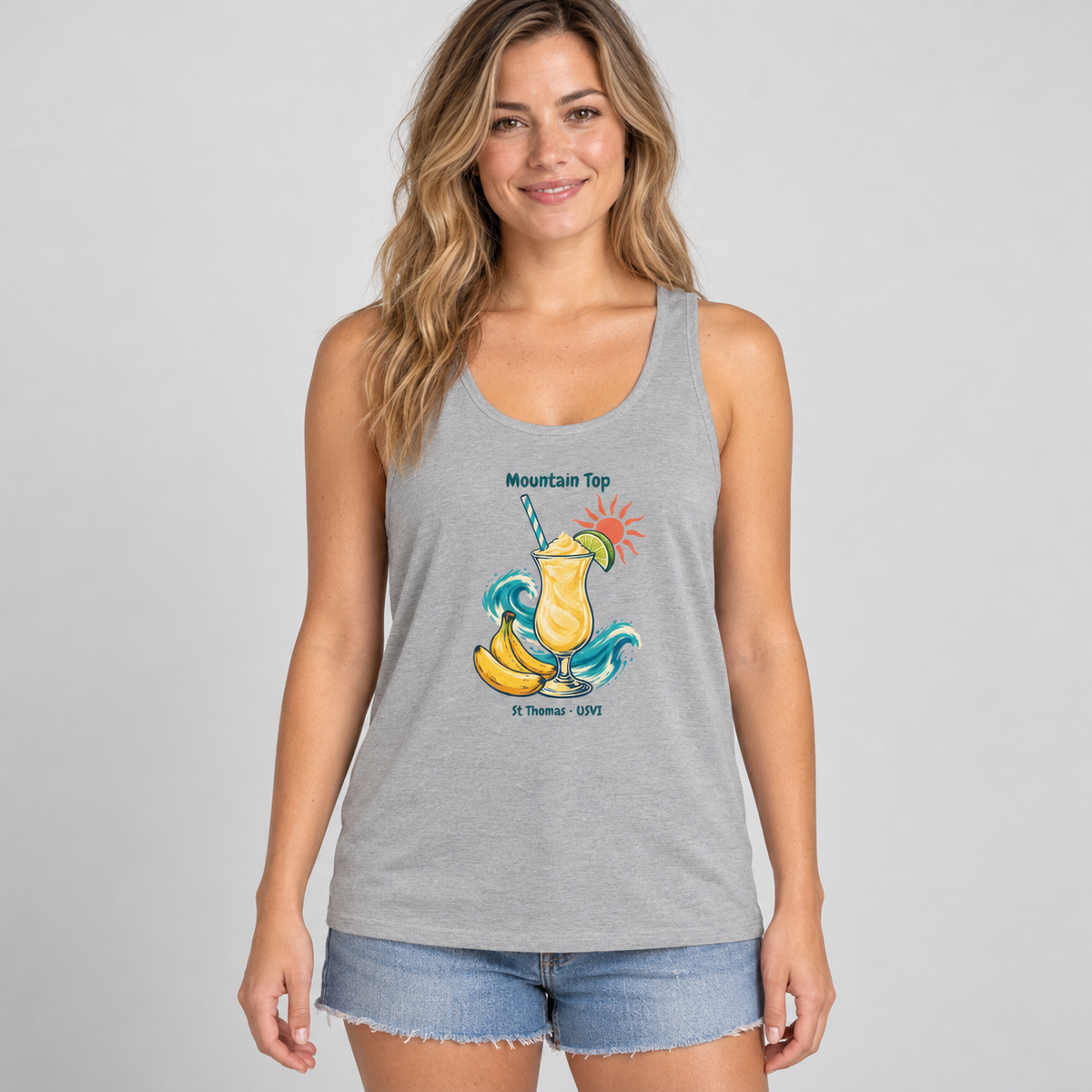Female-model mockup of an Athletic Heather Bella+Canvas 3480 tank with Mountain Top banana daiquiri artwork.