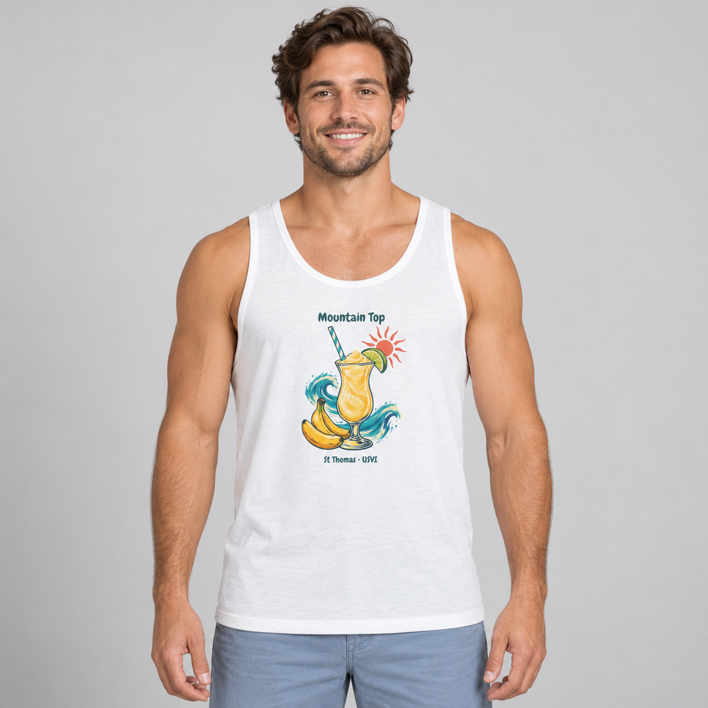 Male-model mockup of a white Bella+Canvas 3480 tank with Mountain Top banana daiquiri artwork and St Thomas USVI lettering.