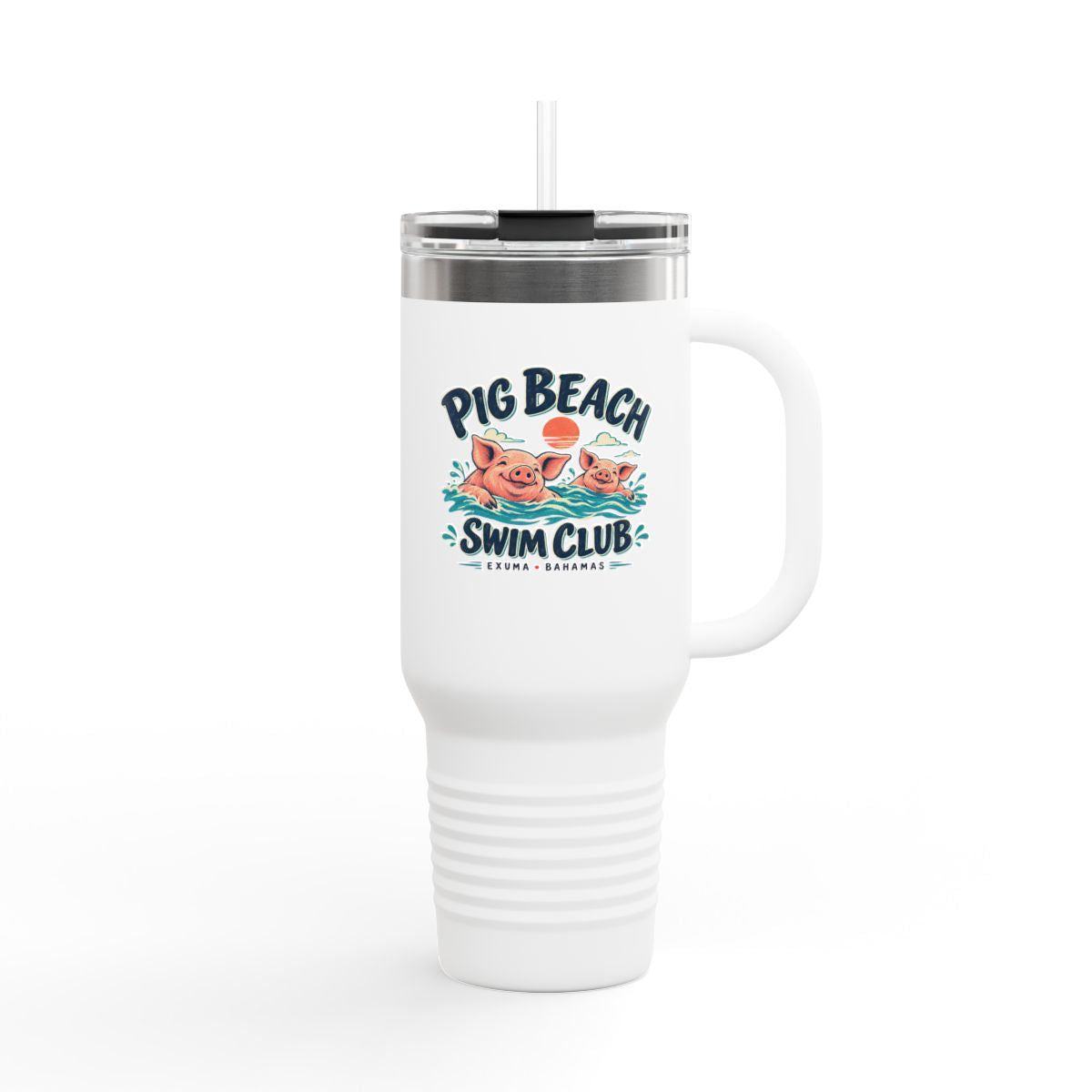 White Pig Beach Swim Club Exuma Bahamas 40 oz Polar Camel travel mug, showing the printed front artwork and handle.