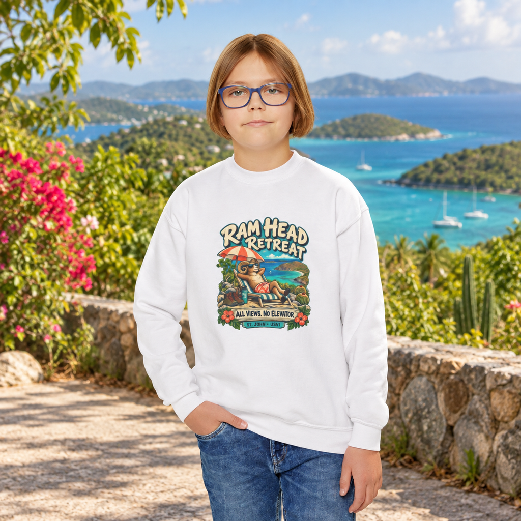 AI-generated youth lifestyle mockup of a child wearing a white Gildan 18000B sweatshirt with Ram Head Retreat artwork above a tropical bay.