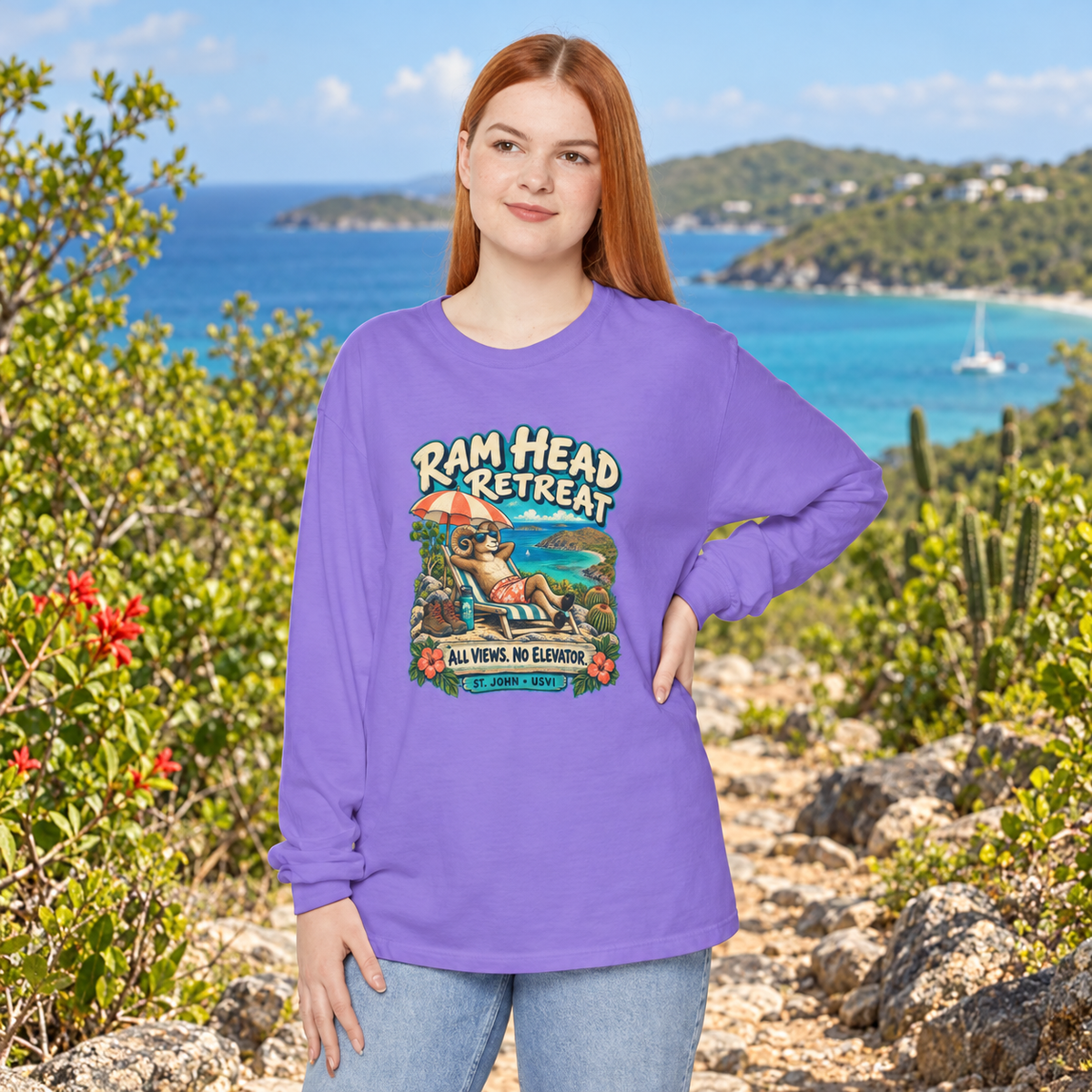 AI-generated lifestyle mockup of an adult woman wearing a Violet Comfort Colors 6014 long-sleeve shirt with Ram Head Retreat artwork in a tropical coastal setting.