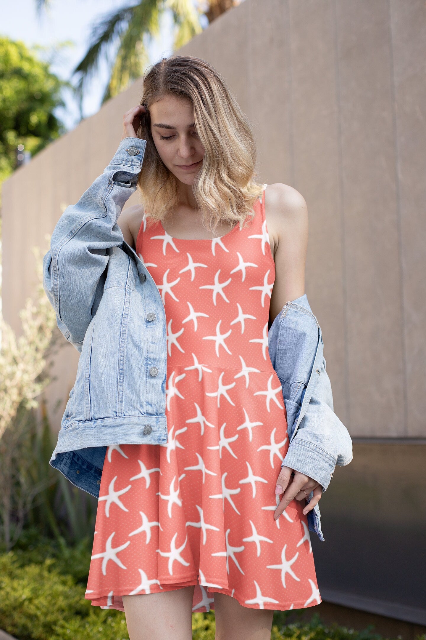 Salmon Skater Dress, Starfish print dress, Beach-themed dress, Women's salmon dress, Flared Dress, Flowy Dress, Womens Summer Dress