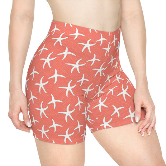 Women's Salmon Moisture-Wicking Biker Shorts: Comfortable, Versatile, and Stylish Active Wear. Starfish Art Pattern Shorts, Trendy shorts.